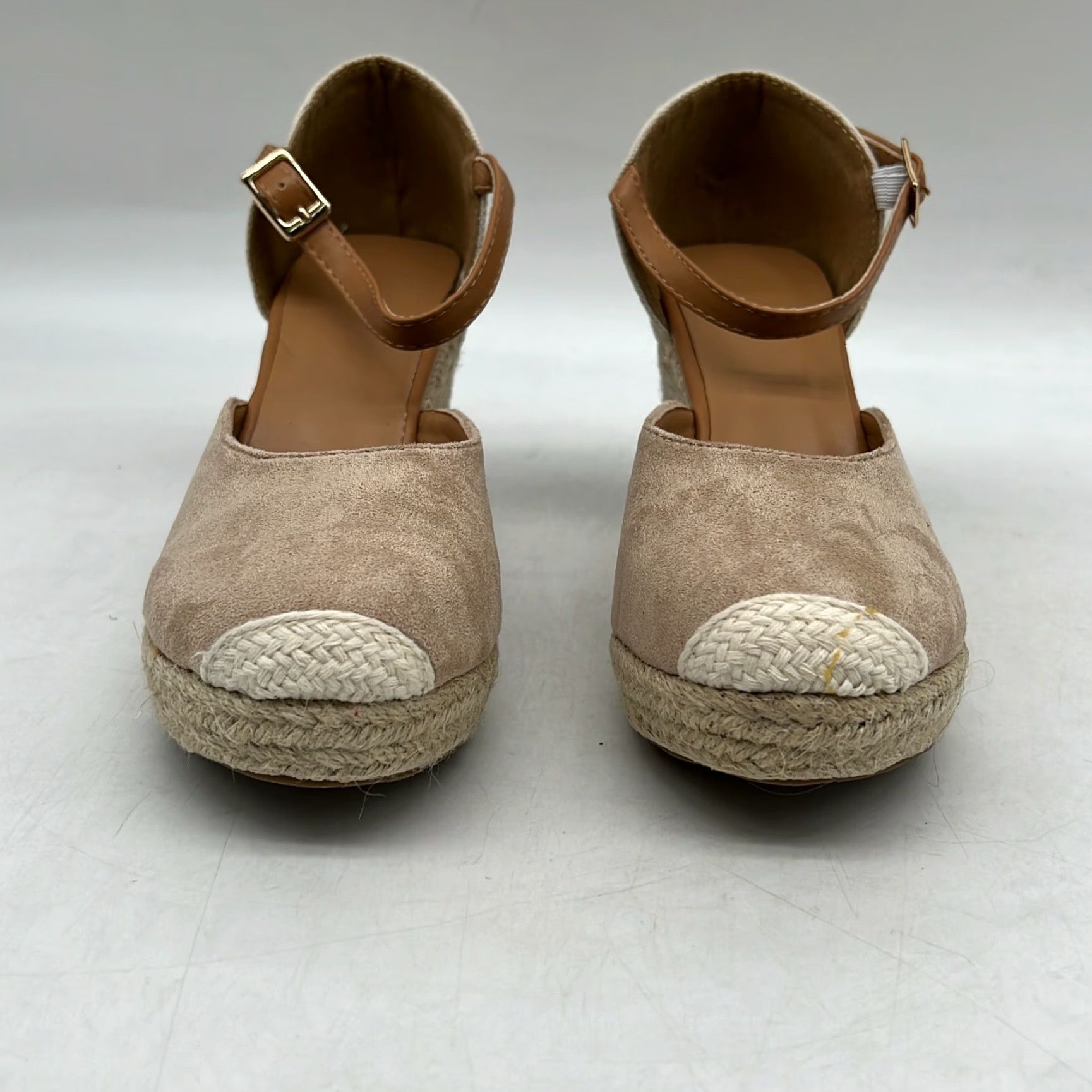 Vintage WOMENS Beige Faux Suede Mary Jane Pumps Wedge Heel Buckle Strap Size 6 Adult Shoes Size US 6 / IT 36 - 3 Thumbnail