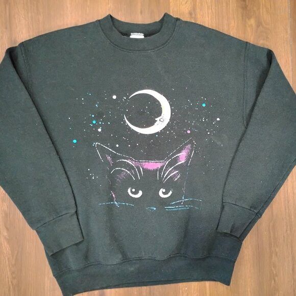 Fruit Of The Loom Vintage Black Cat Crescent Moon Crewneck Sweatshirt Size US M / EU 48-50 / 2 - 2 Thumbnail