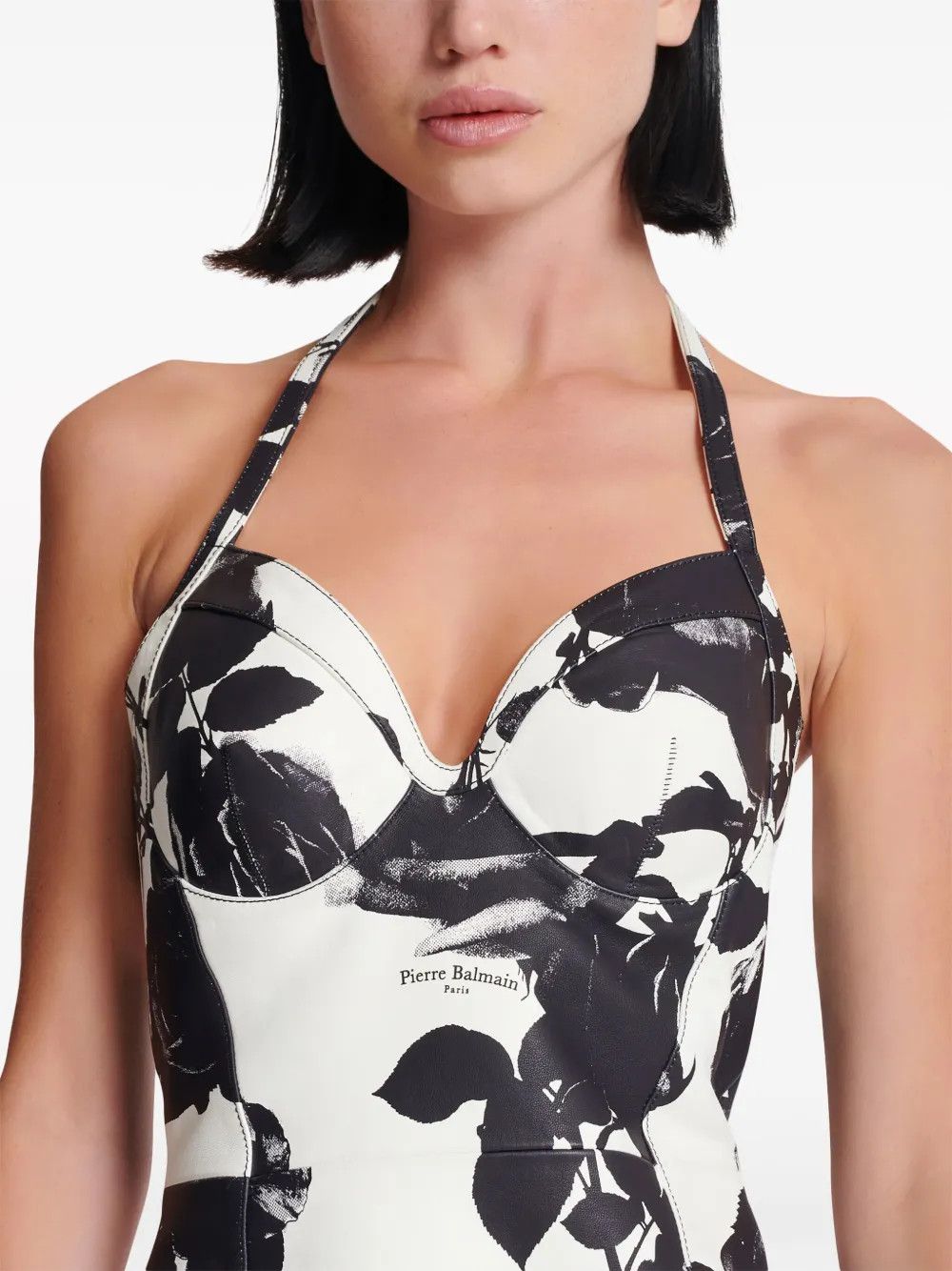 Balmain o1s1wg110825 Floral Print Leather Minidress in Black/White Size XL / US 12-14 / IT 48-50 - 4 Thumbnail