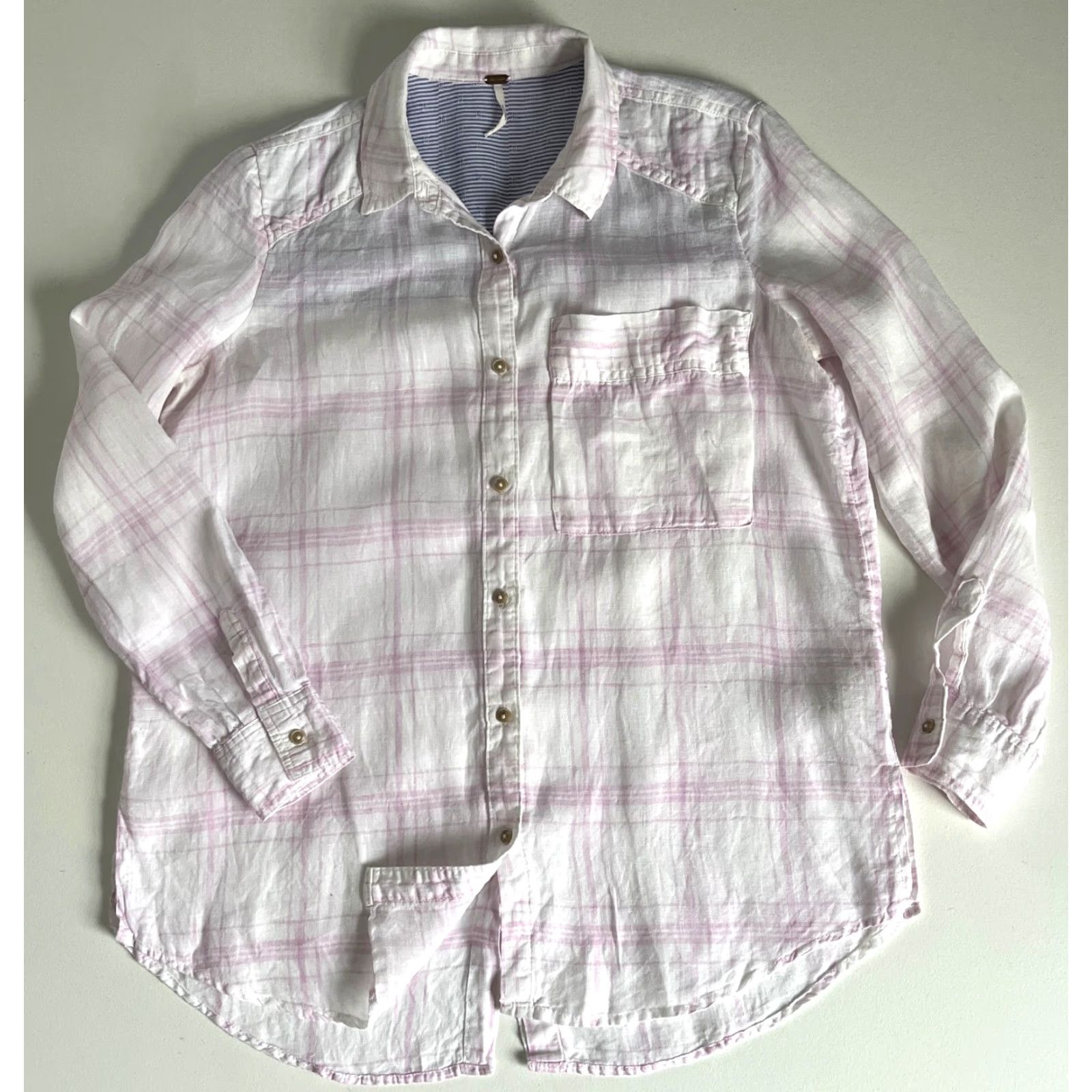 Free People VINTAGE Women's Free People No Limits Oversized Button-Up Linen Shirt Plaid XS White Pink Bohemian City Classic Casual 90s Mens Womens Girls Boys Size XS / US 0-2 / IT 36-38 - 3 Thumbnail