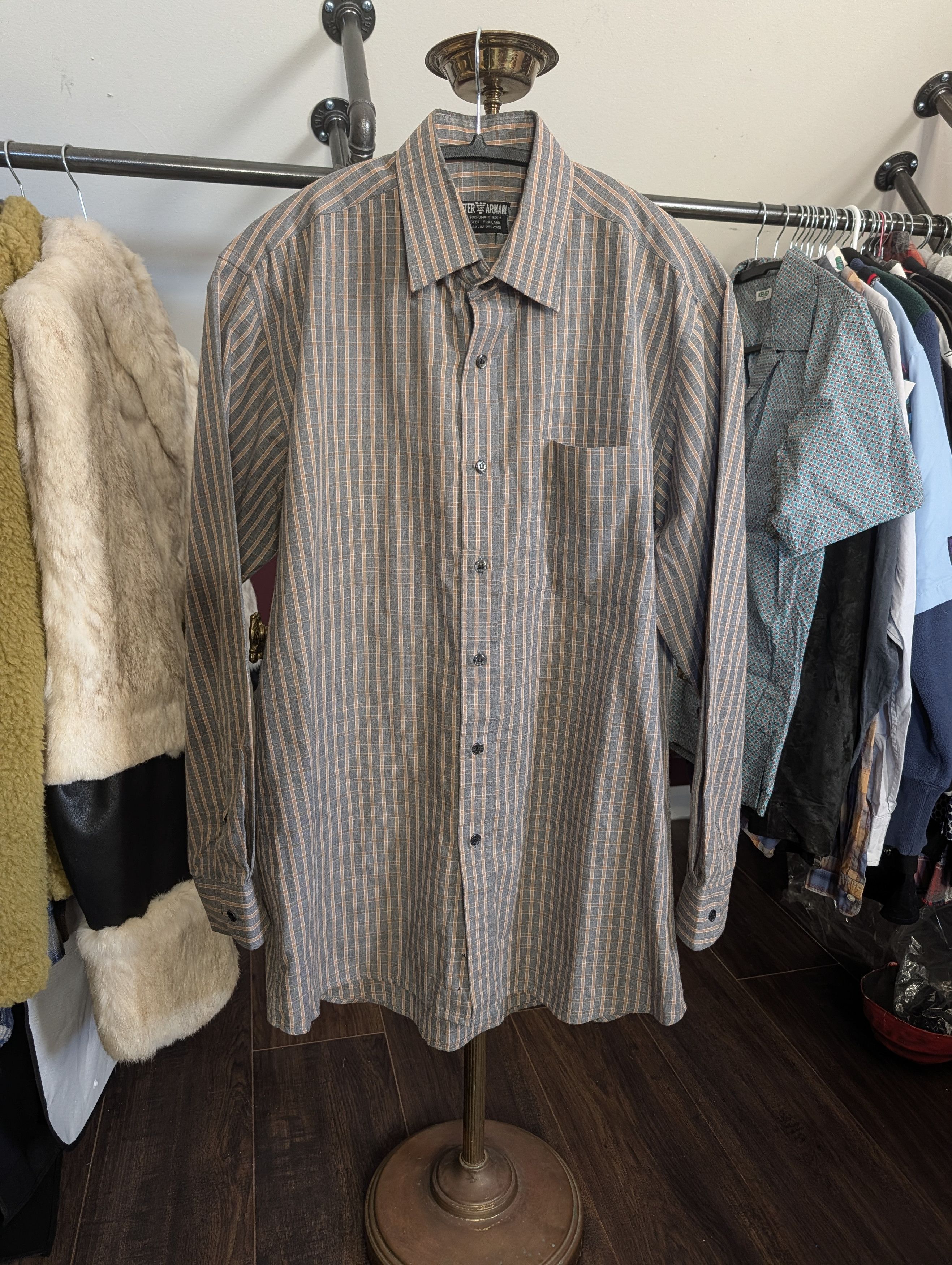 Armani PETER ARMANI Bespoke gray/orange plaid mens dress shirt Size US M / EU 48-50 / 2 - 1 Thumbnail