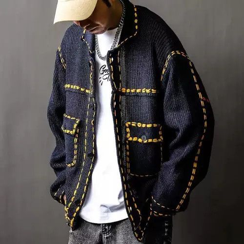 VIBE Contrast Stitch Knitted Sweater Jacket - Patch Pockets Size US L / EU 52-54 / 3 - 5 Thumbnail