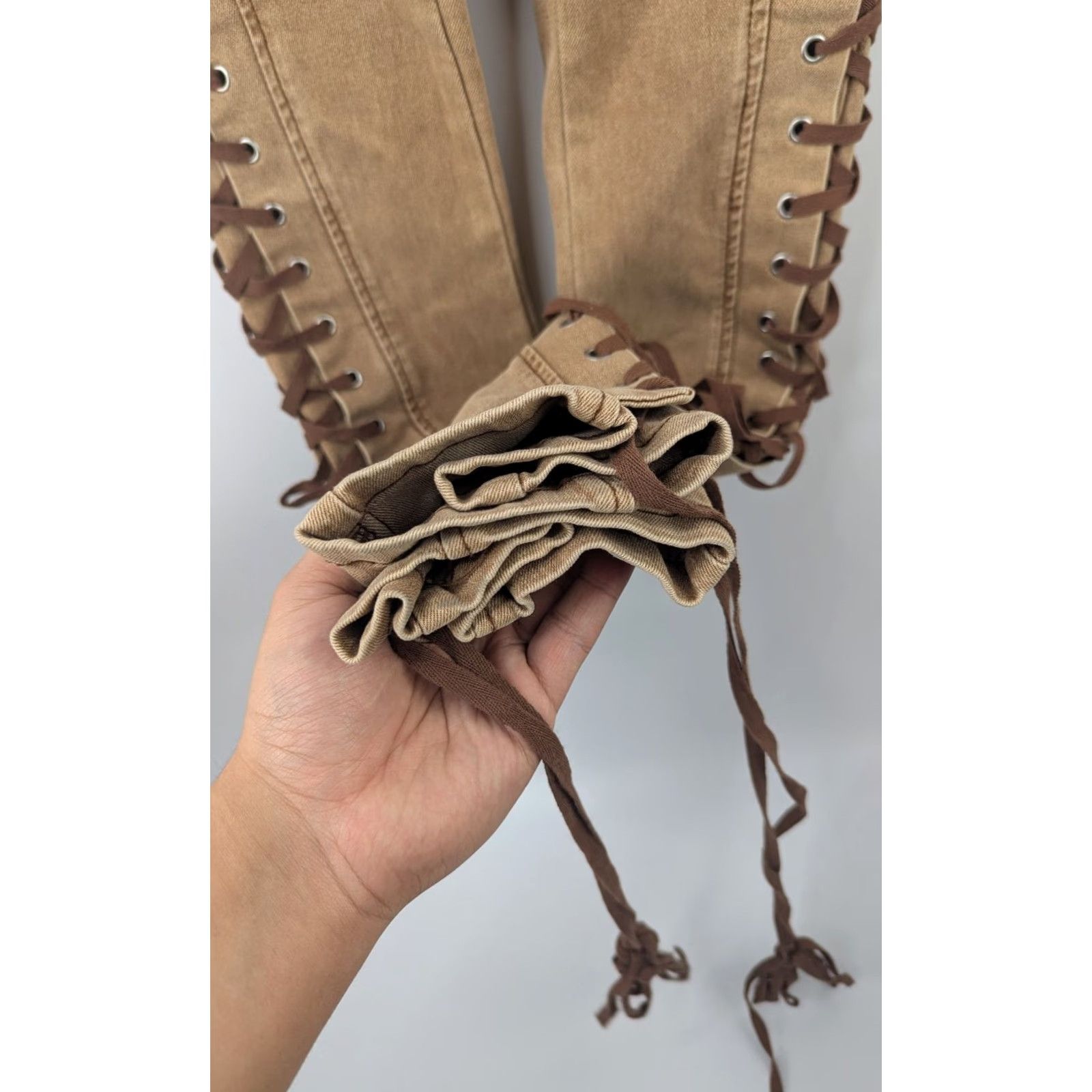 Vintage Rise Supply Co. Full Lace-up Expandable Sides Pants Y2K Western Hippie Khaki Tan 1 Denim Cotton Lyocell Polyester Teens Mens Womens Boys Girls Size 25" / US 0 / IT 36 - 4 Thumbnail