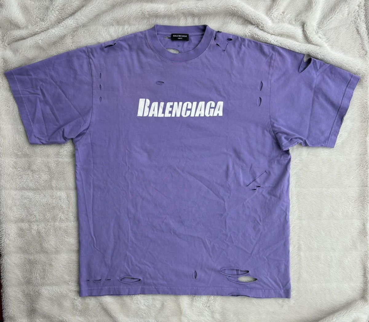 Balenciaga Balenciaga Purple Distressed Logo Tee Size US XXL / EU 58 / 5 - 1 Thumbnail