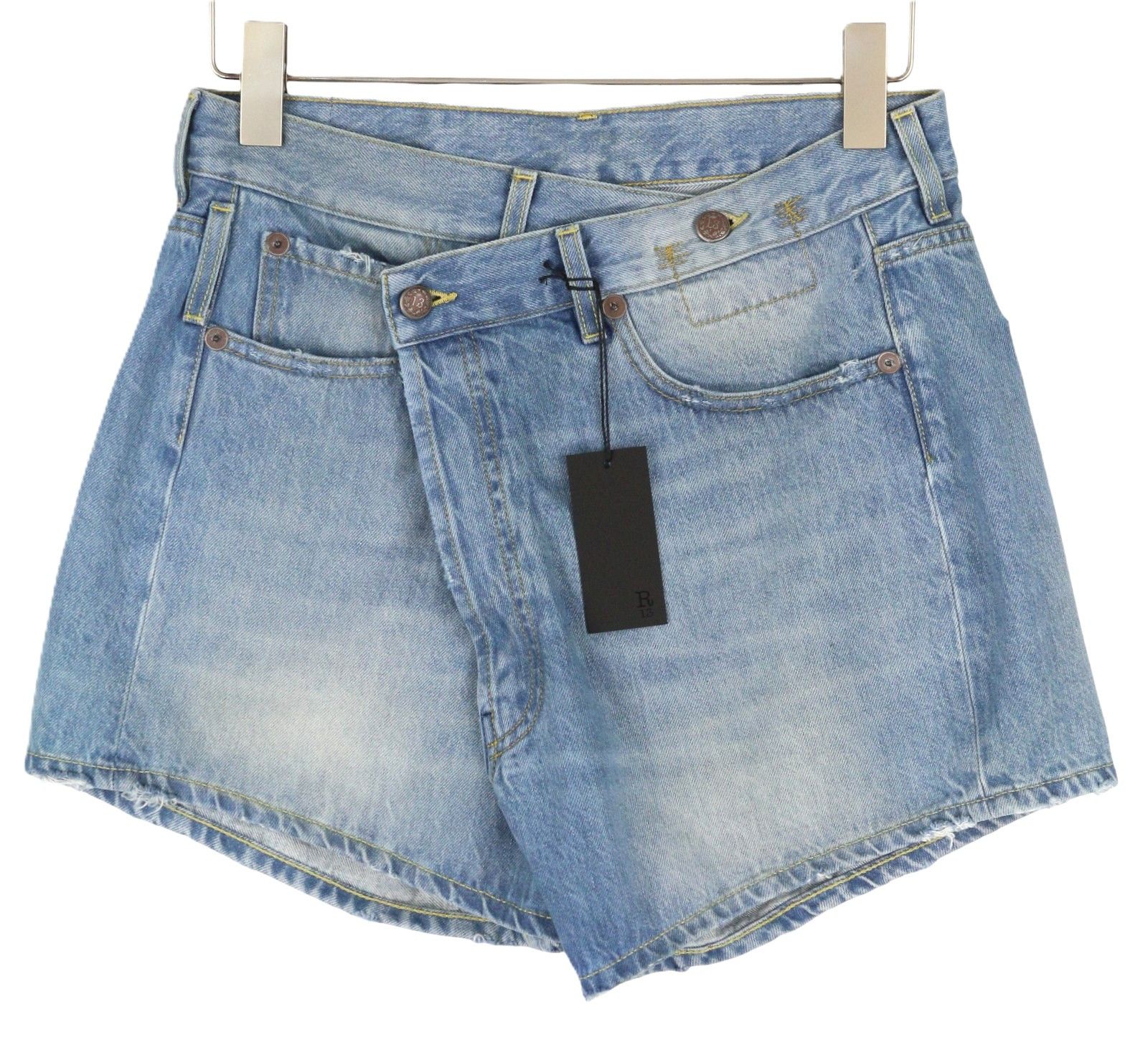 R13 CROSS OVER 26 Washed Denim Zip Asymmetrical Shorts 86133 Size 26" / US 2 / IT 38 - 1 Thumbnail