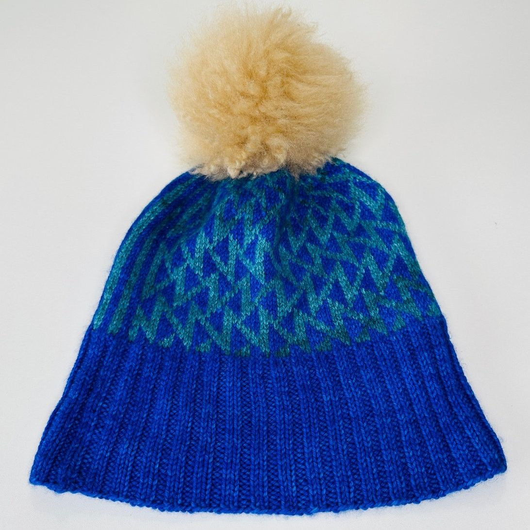 Other Blue Green Triangle Print Knit Beanie Tan Pom Pom OS Size ONE SIZE - 1 Thumbnail