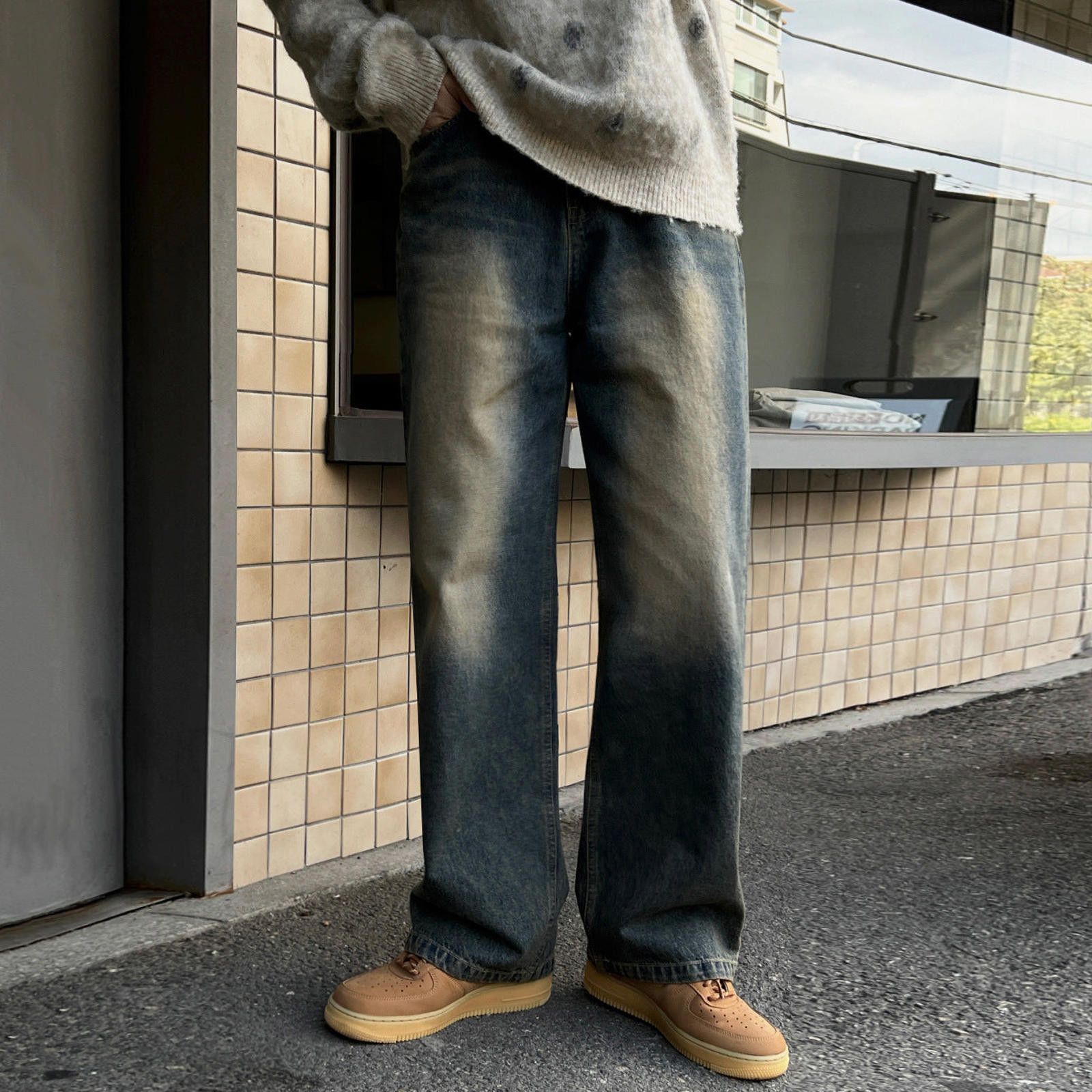 Faded Wide Leg Blue Denim Jeans Relaxed Fit Jeans