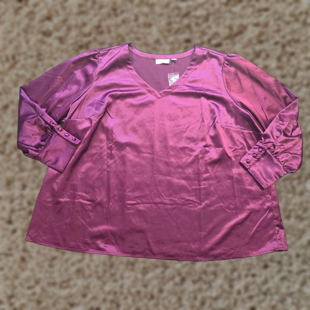Vintage Belle Kim Gravel Top Womens 3X Purple Satin V Neck Long Sleeve Blouse Shirt V-Neck Puff Sleeve Casual Business Luxury 90s? Size XXL / US 16-18 / IT 52-54 - 1 Thumbnail