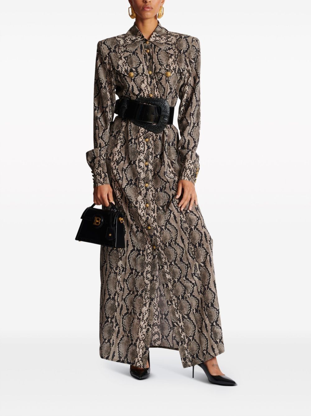 Balmain o1s1wg110825 Snake Print Maxi Shirt Dress in Brown/Beige Size XL / US 12-14 / IT 48-50 - 3 Thumbnail