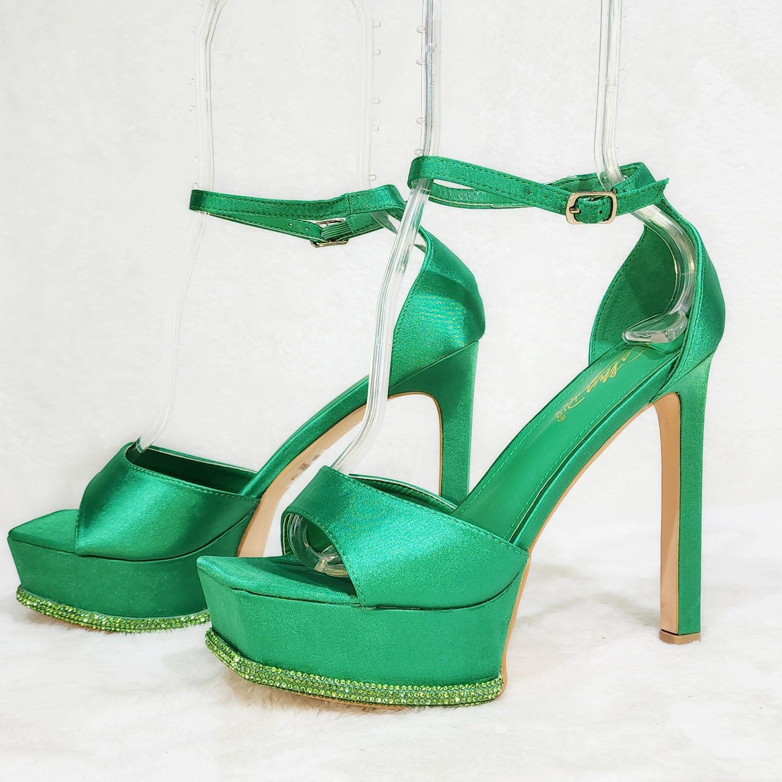 Other Green Satin Rhinestone Evening Platform High Heel Shoes Size US 7.5 / IT 37.5 - 6 Thumbnail