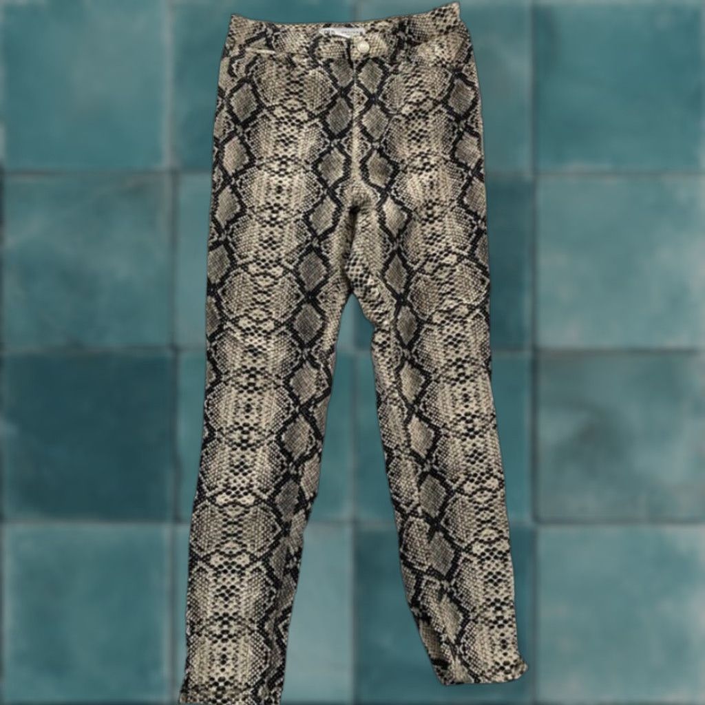 Zara ZARA Pants Women's 6 Brown Stretch Snakeskin Print Skinny Ankle Mid Rise Career Size 26" / US 2 / IT 38 - 1 Thumbnail