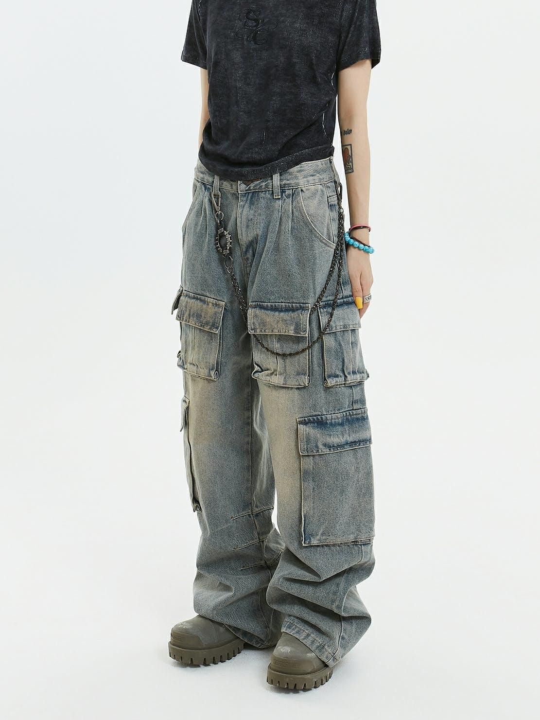 Jean Cargo Faded Wash Baggy Denim Jeans Size US 34 / EU 50 - 3 Thumbnail