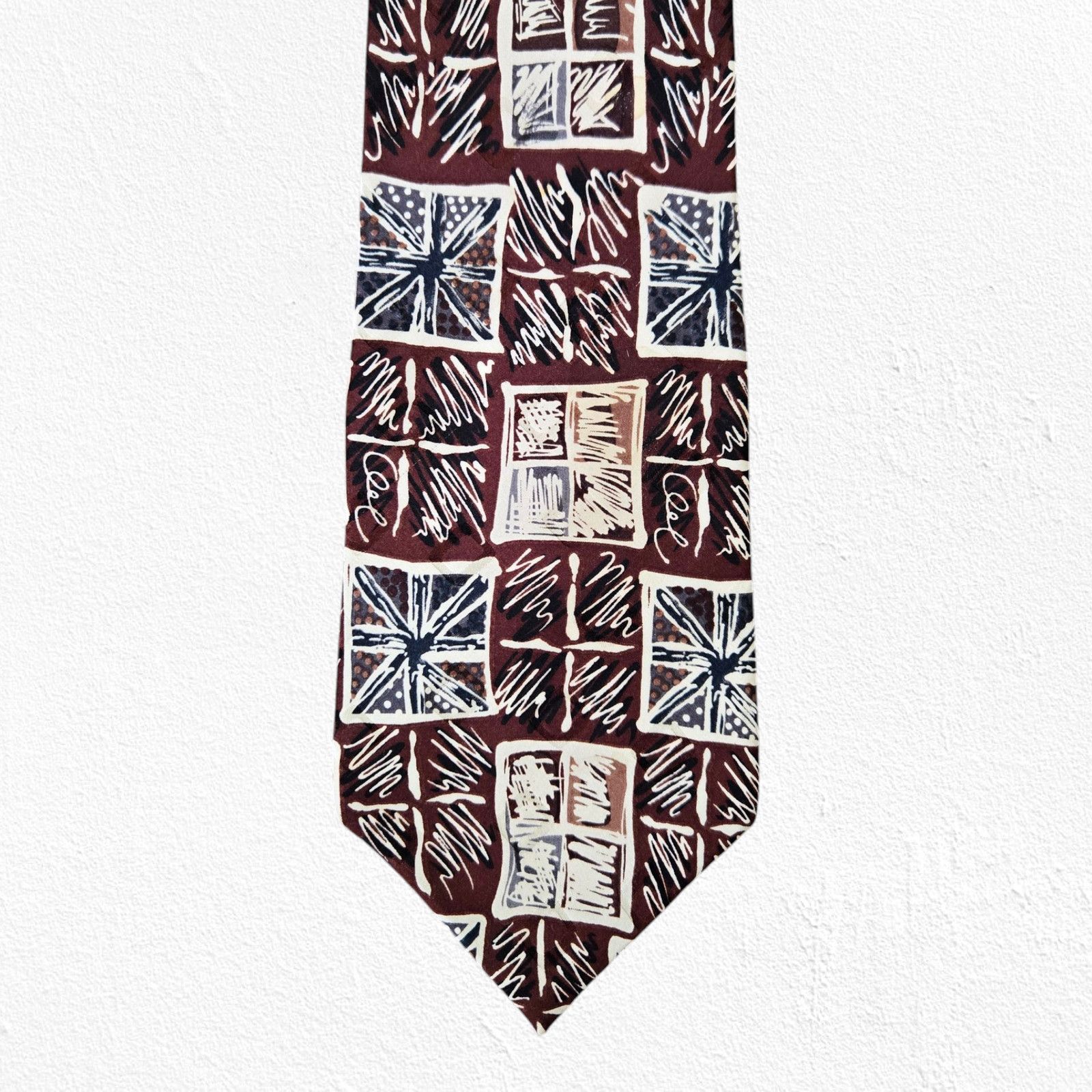 Vintage Vintage Brown Geometric Print Retro Silk Tie Size ONE SIZE - 6 Thumbnail