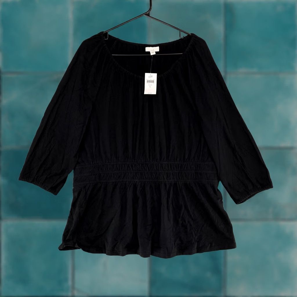 J. Jill J. Jill Blouse Womens Large Black 3/4 Sleeve Ruffle Boho Scoop Neck Top Casual Tunic Blouse with Smocked Details - Womens Size L / US 10 / IT 46 - 1 Thumbnail