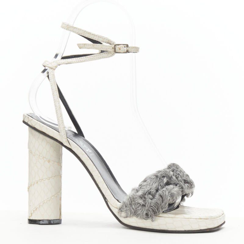 Versace vintage GIANNI VERSACE white grey shearling ankle strap cone heel sandal EU36 Size US 6 / IT 36 - 1 Thumbnail