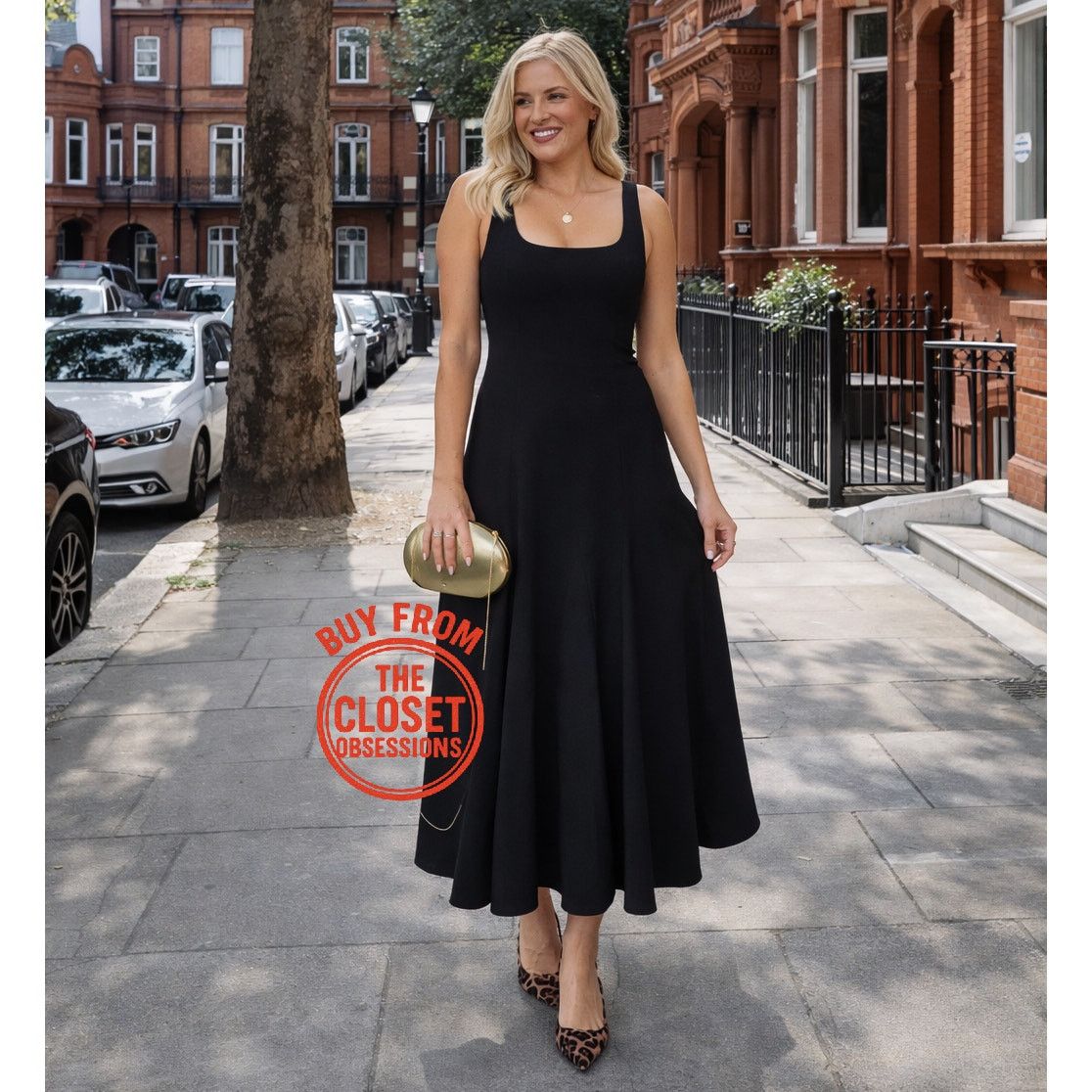 ZARA A-Line Black Midi Dress NWT Square Neck Size L