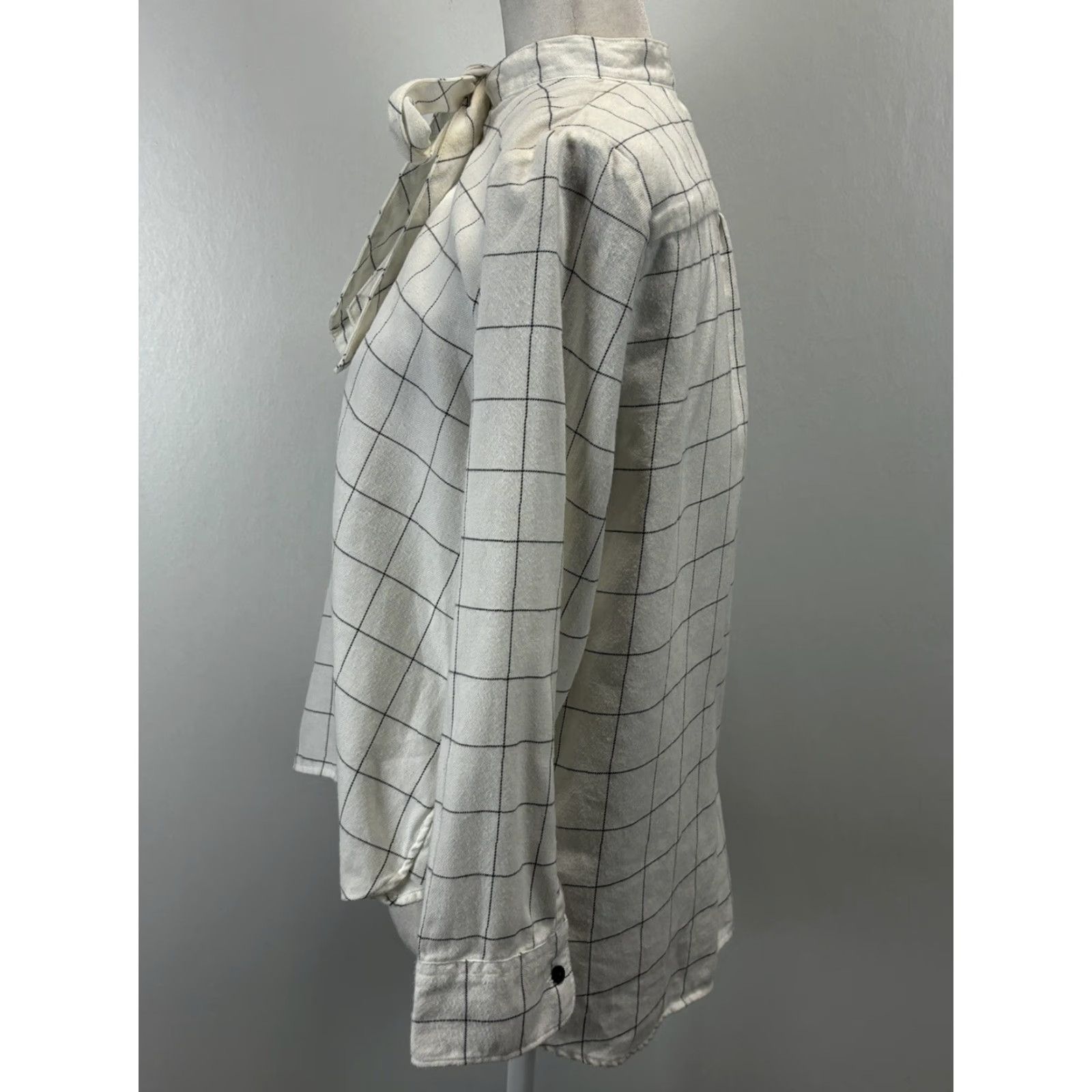 Madewell MADewell Flannel Windowpane Tie Neck Shirt Women’s Small White Button-Up Size S / US 4 / IT 40 - 2 Thumbnail