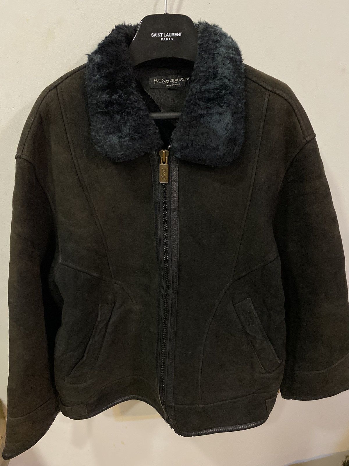 image of 90's Shearling YSL Jacket Winter YSL Leather Jacket in Black Brown, Men's (Size Small)