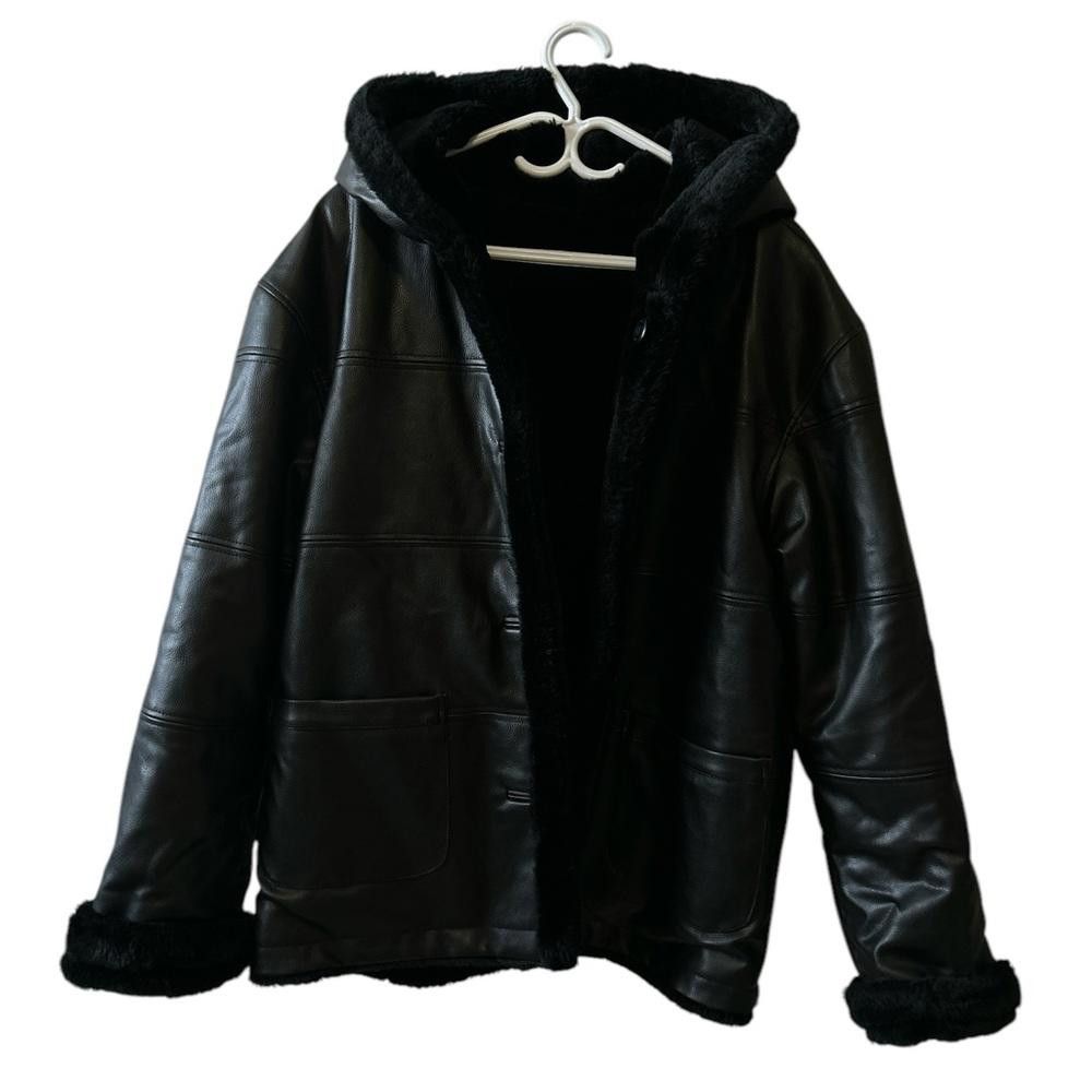 Designer Black reversible (leather-Faux Fur ) Hooded Jacket Size US L / EU 52-54 / 3 - 1 Thumbnail