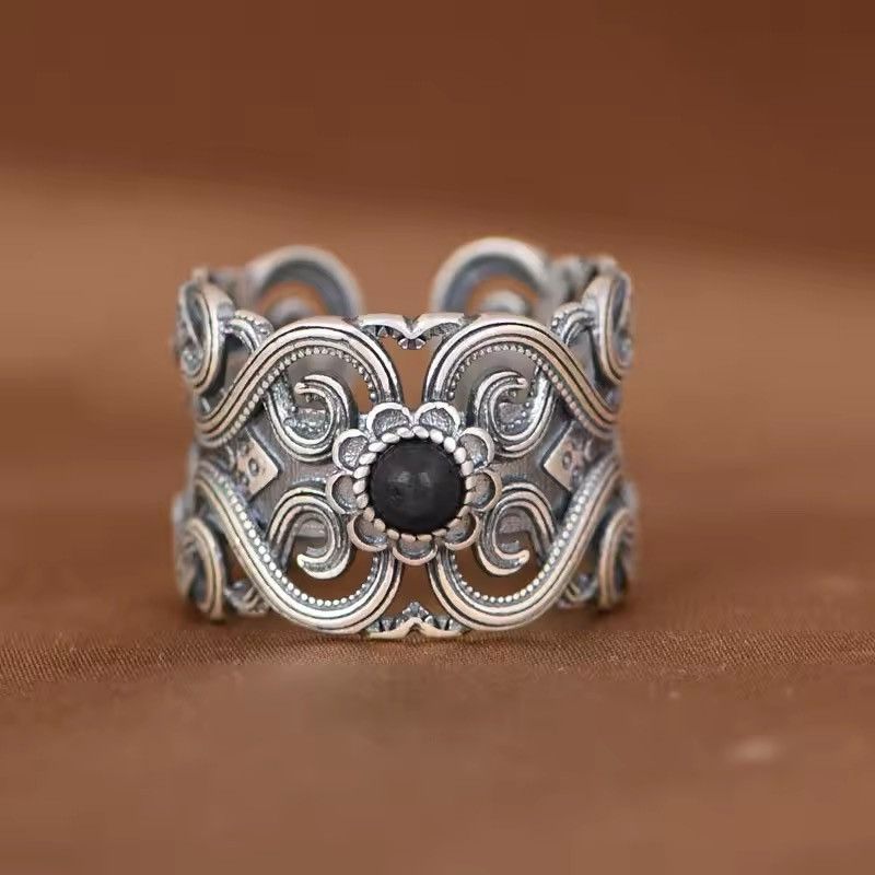 Jewelry × Vintage Hollow Tang Grass Pattern Black Stone Adjustable Ring Size ONE SIZE - 1 Thumbnail