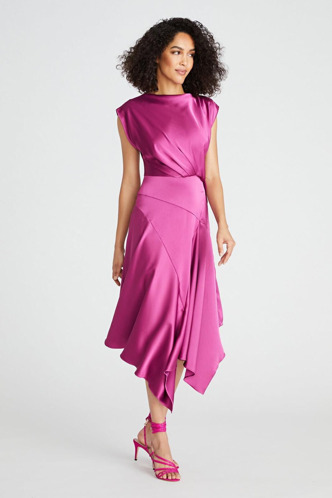 Unknown London Asymmetric Satin Midi Dress in Fuchsia - Elegant Evening Size XL / US 12-14 / IT 48-50 - 3 Thumbnail