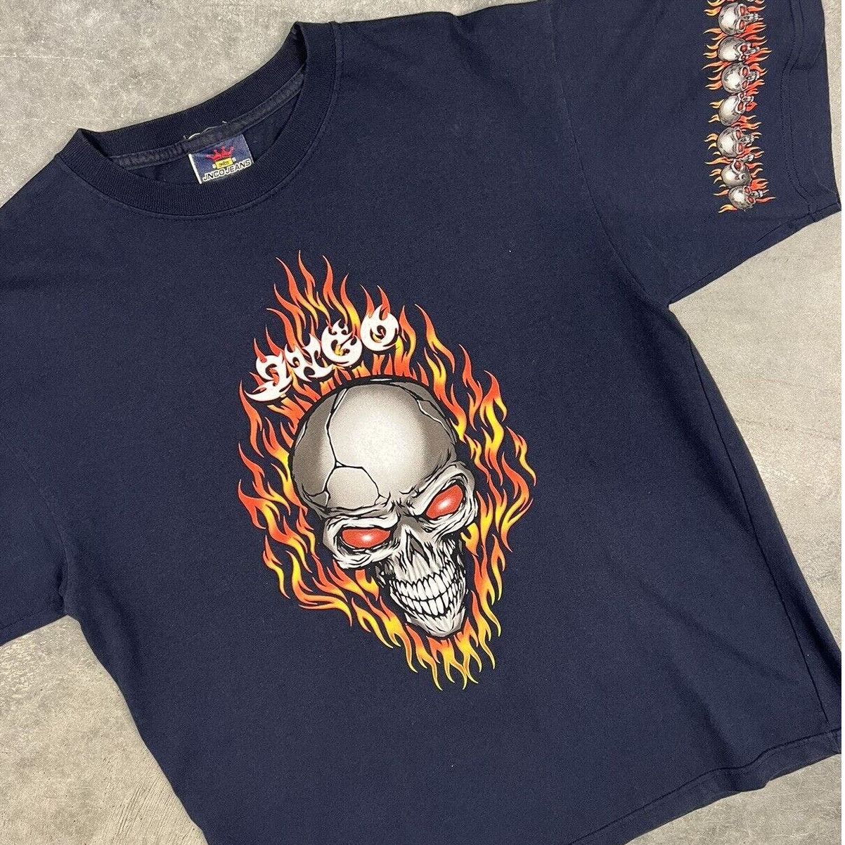 image of Jnco Flaming Skull Vintage 90's Graphic T-Shirt in Blue, Men's (Size XL)