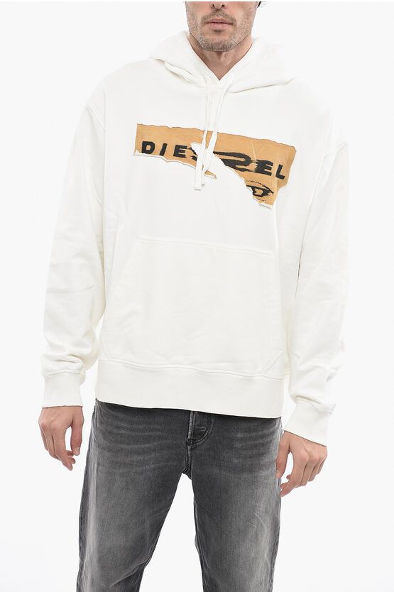 image of Diesel Brushed Cotton S-Macs Hoodie With Vintage Effect Logo in White, Men's (Size 2XL)