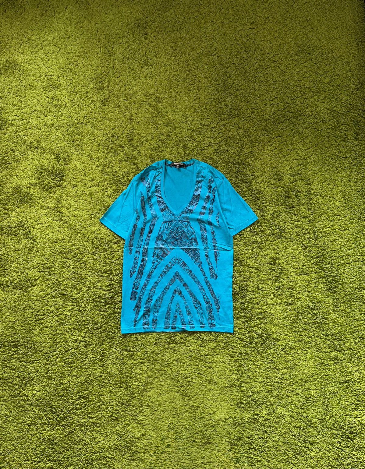 Roberto Cavalli Roberto Cavalli graphic v-neck turquoise t-shirt Size XS / US 0-2 / IT 36-38 - 1 Thumbnail