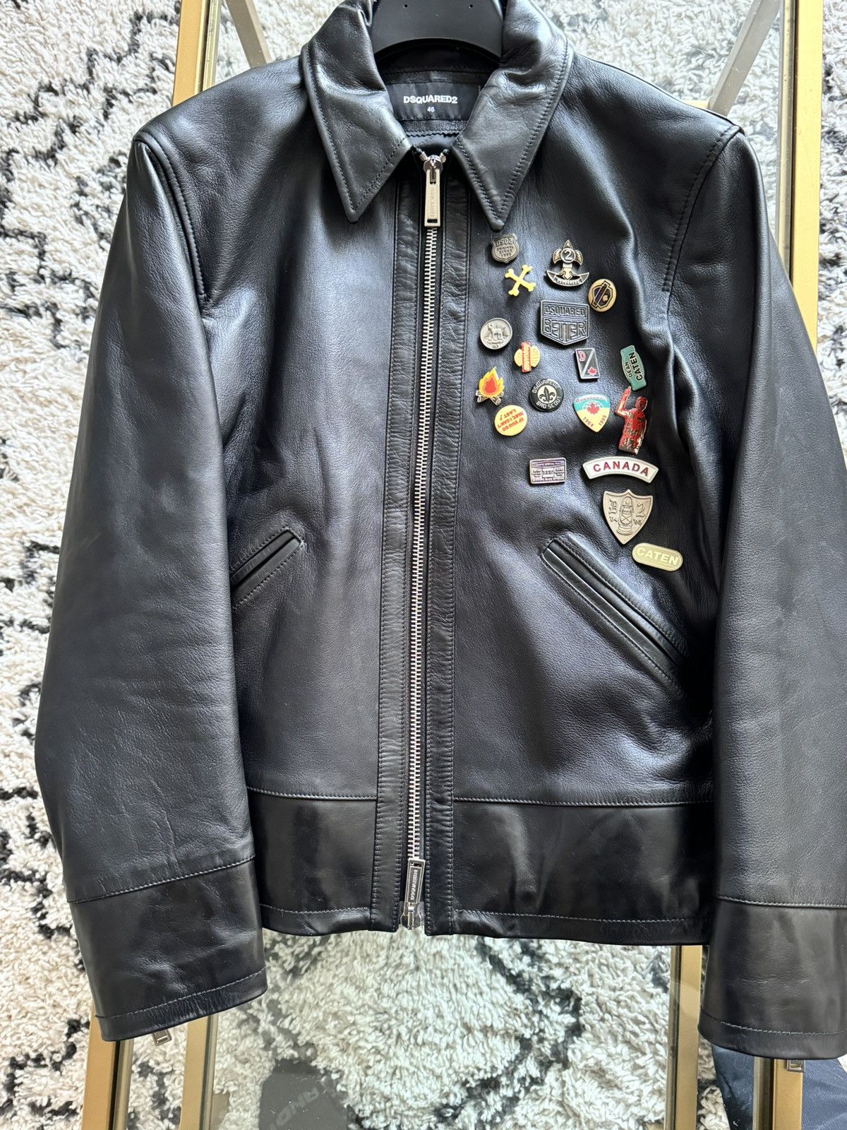 Image of Dsquared2 Leather Badge Jacket in Black, Men's (Size Small)