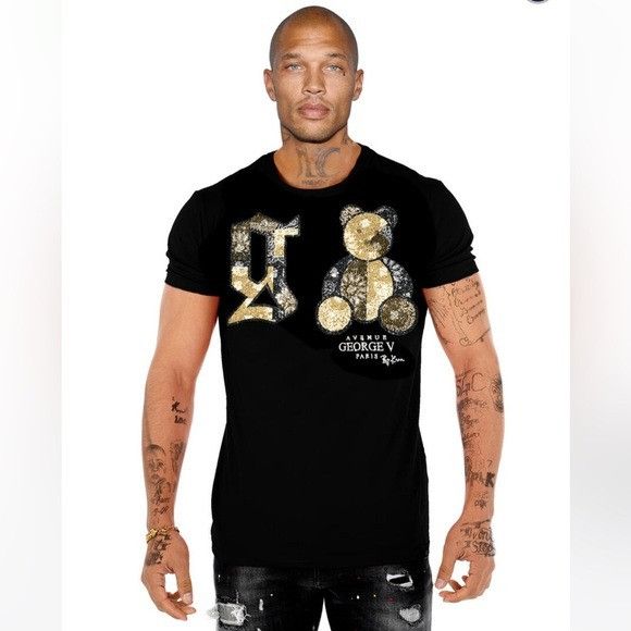 Designer George V Black Beige Designer Men’s Rhinestone Tee Shirt Size US L / EU 52-54 / 3 - 1 Thumbnail