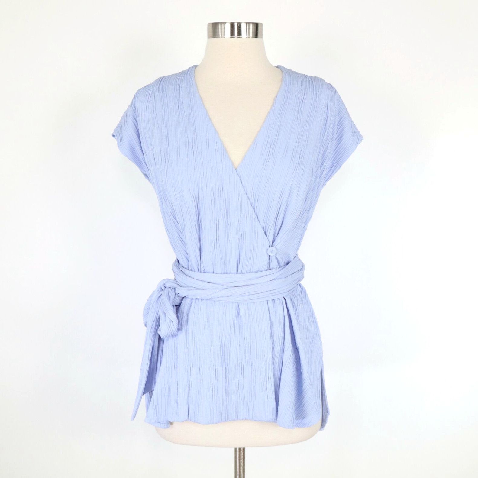 image of Vintage Mm.lafleur Valerie Blouse Top Xs New Blue Pleated Sleeveless Wrap Stretch $225 in White, Wo