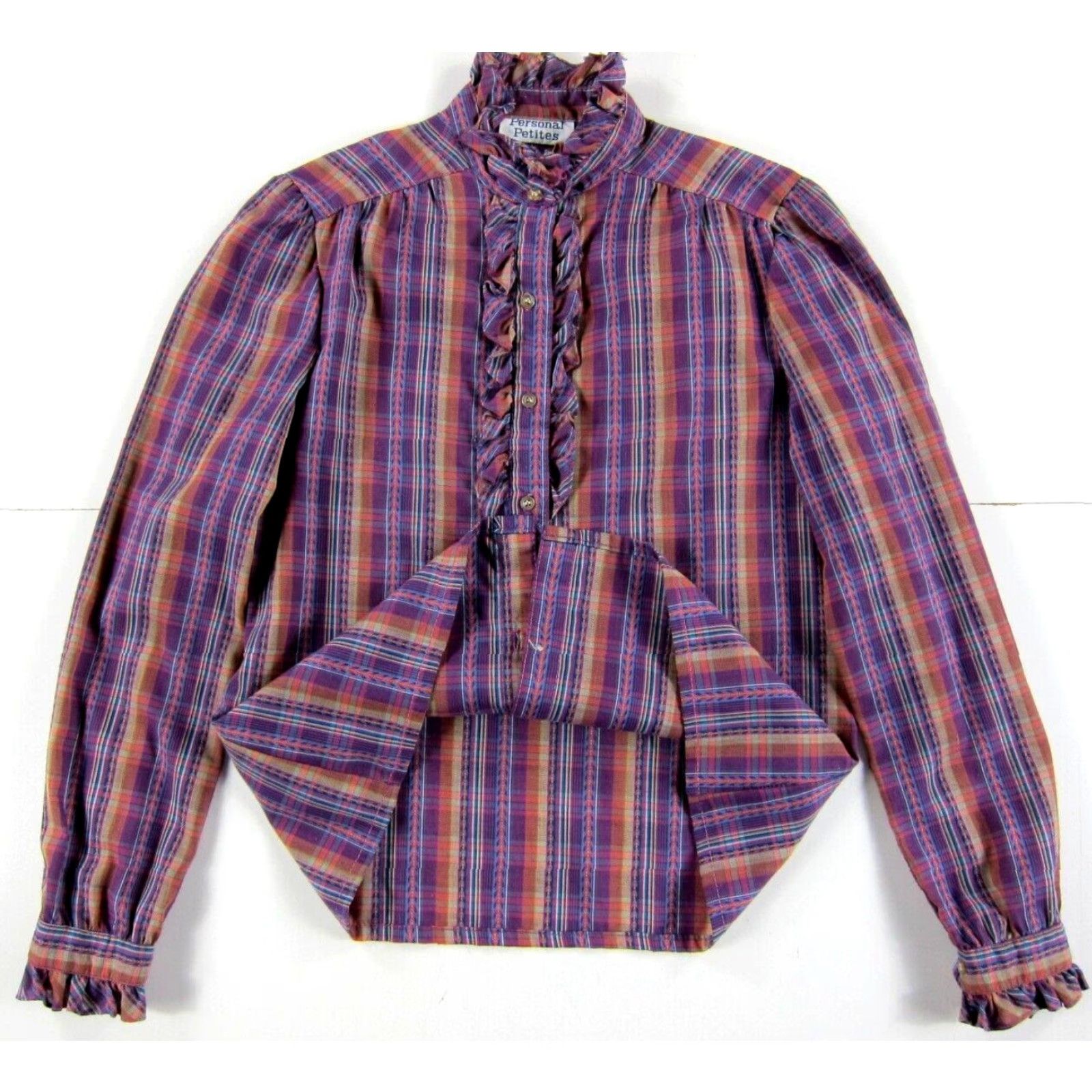 Pinko VTG Personal Petites Purple Pink Brown Plaid Ruffle Neck Long Sleeve Blouse XS Size XS / US 0-2 / IT 36-38 - 6 Thumbnail