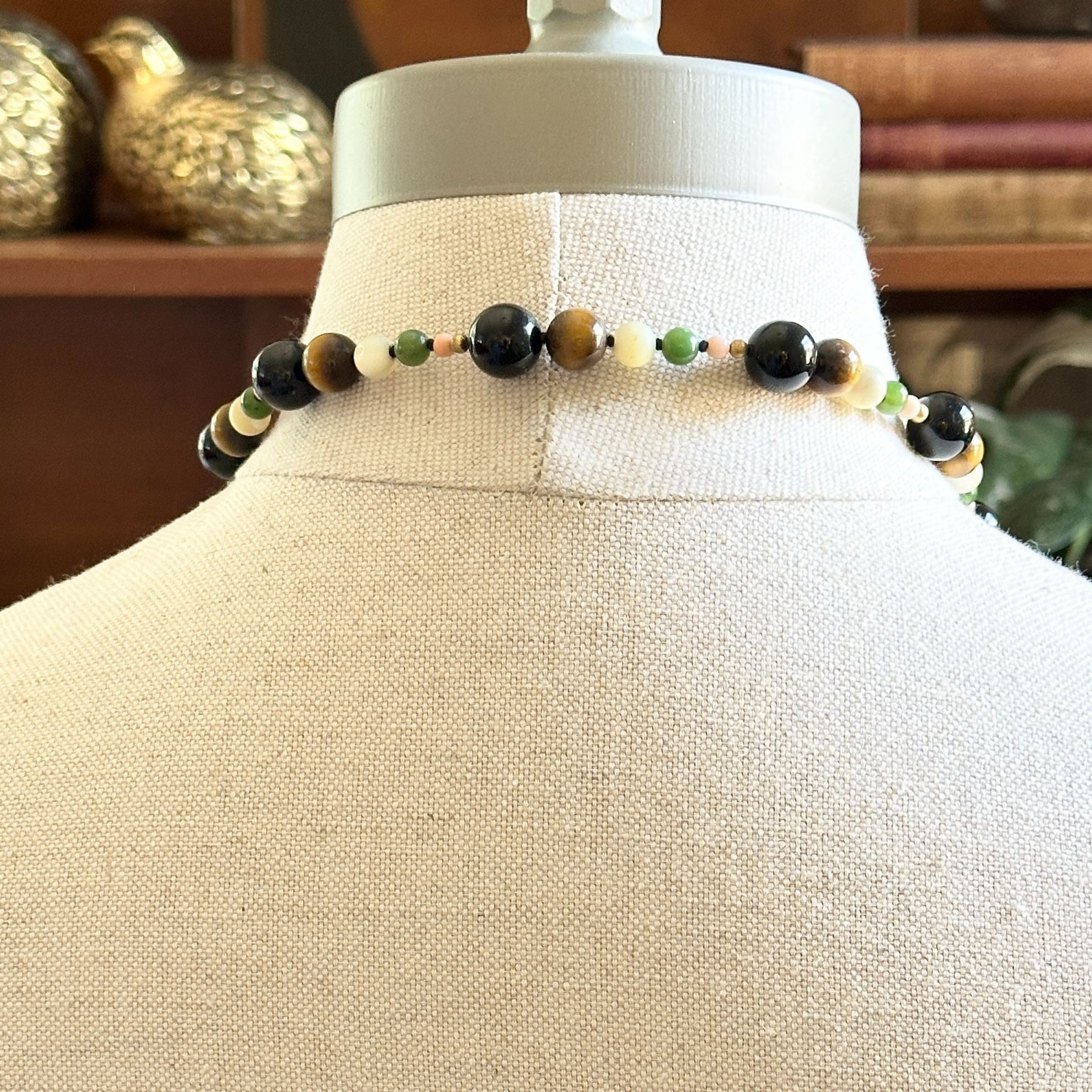 Vintage Vintage Gemstone Bead Necklace, Onyx, Tiger’s Eye, Nephrite Size ONE SIZE - 5 Thumbnail