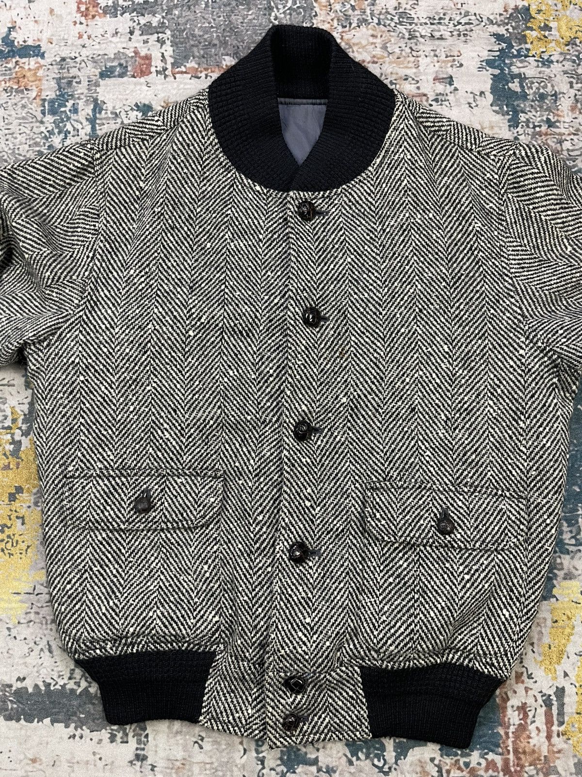 Van Vtg Van Herringbone Tweed Wool Bomber Jacket Size US XS / EU 42 / 0 - 6 Thumbnail