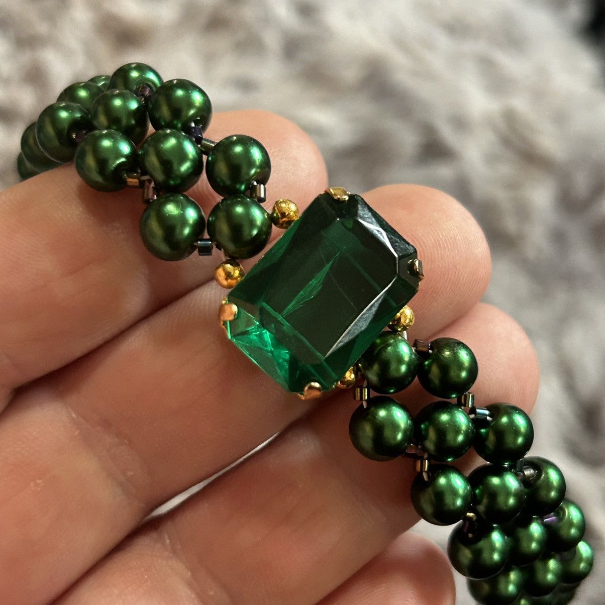 Handmade Handcrafted emerald green Czech glass pearl rainbow bracelet Size ONE SIZE - 3 Thumbnail