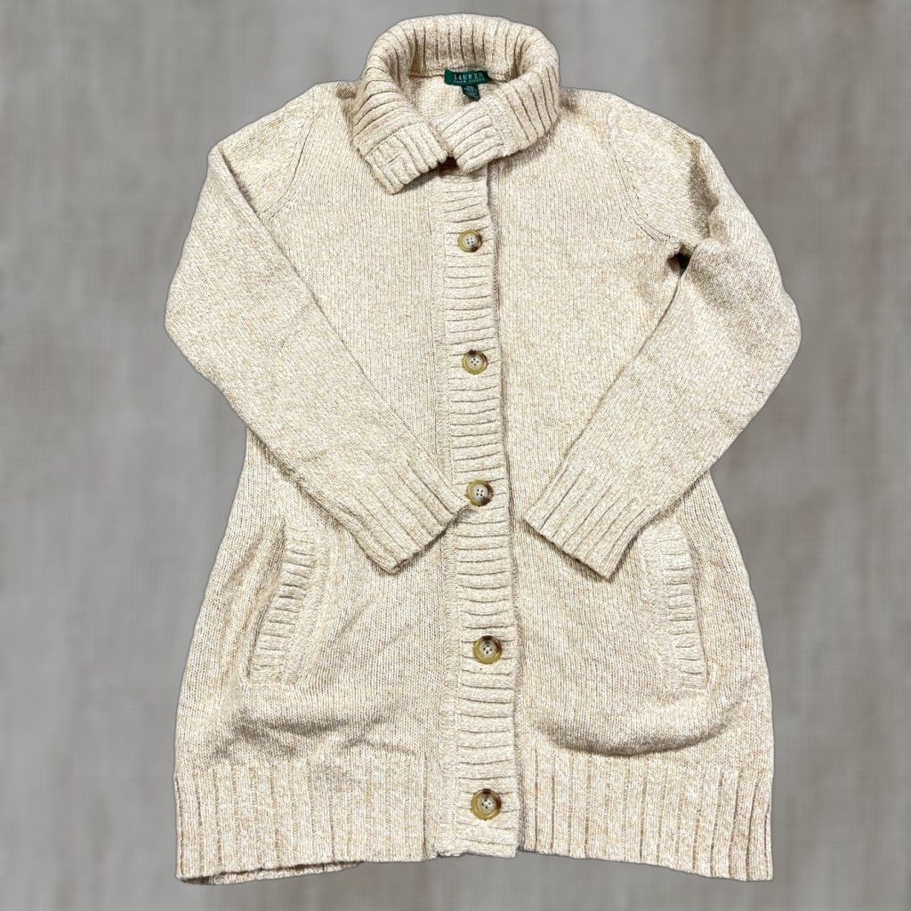 Ralph Lauren VINTAGE Lauren Ralph Lauren Cardigan Sweater Women Small Tan Heavy Knit Ribbed Size S / US 4 / IT 40 - 1 Thumbnail