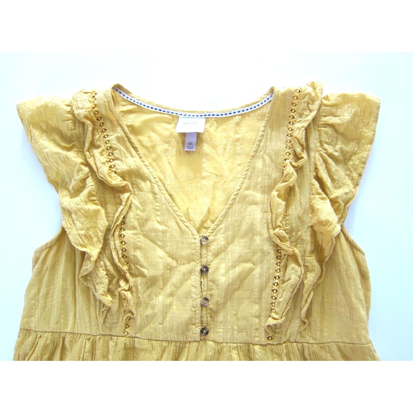 Vintage Knox Rose Cap Yellow 100% Cotton Ruffle Sleeve Pocket Tunic Peasant Dress XL Women's VintageStyle? Size XL / US 12-14 / IT 48-50 - 3 Thumbnail