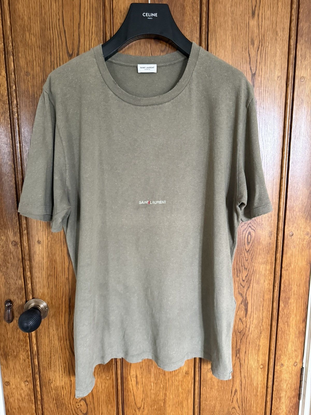 Saint Laurent Paris SS19 Saint Laurent Rive Gauche logo khaki T shirt grail Size US XL / EU 56 / 4 - 1 Thumbnail