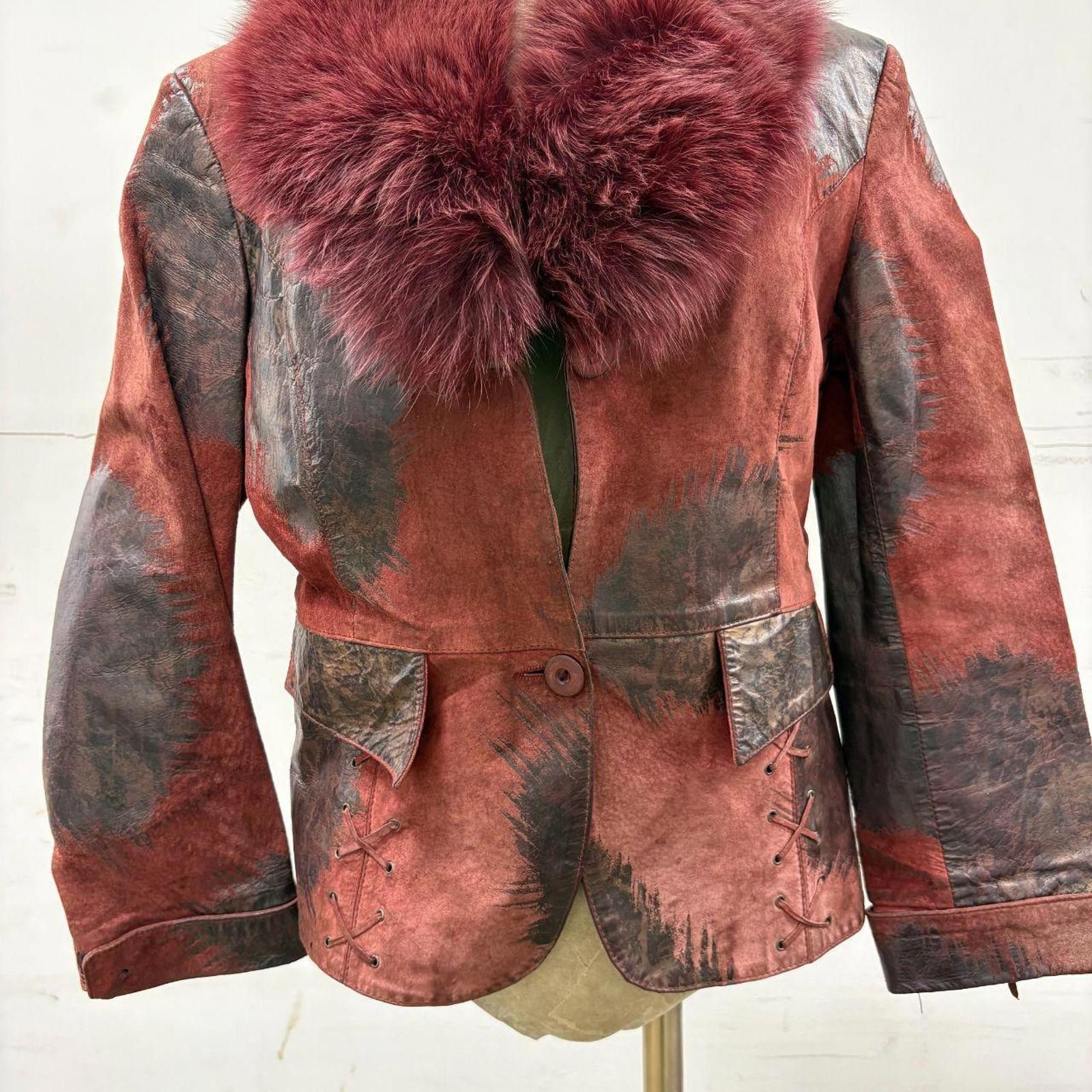 Other Y2K Vintage Red Patchwork Suede Moto Jacket Fox Fur Collar Size S / US 4 / IT 40 - 3 Thumbnail