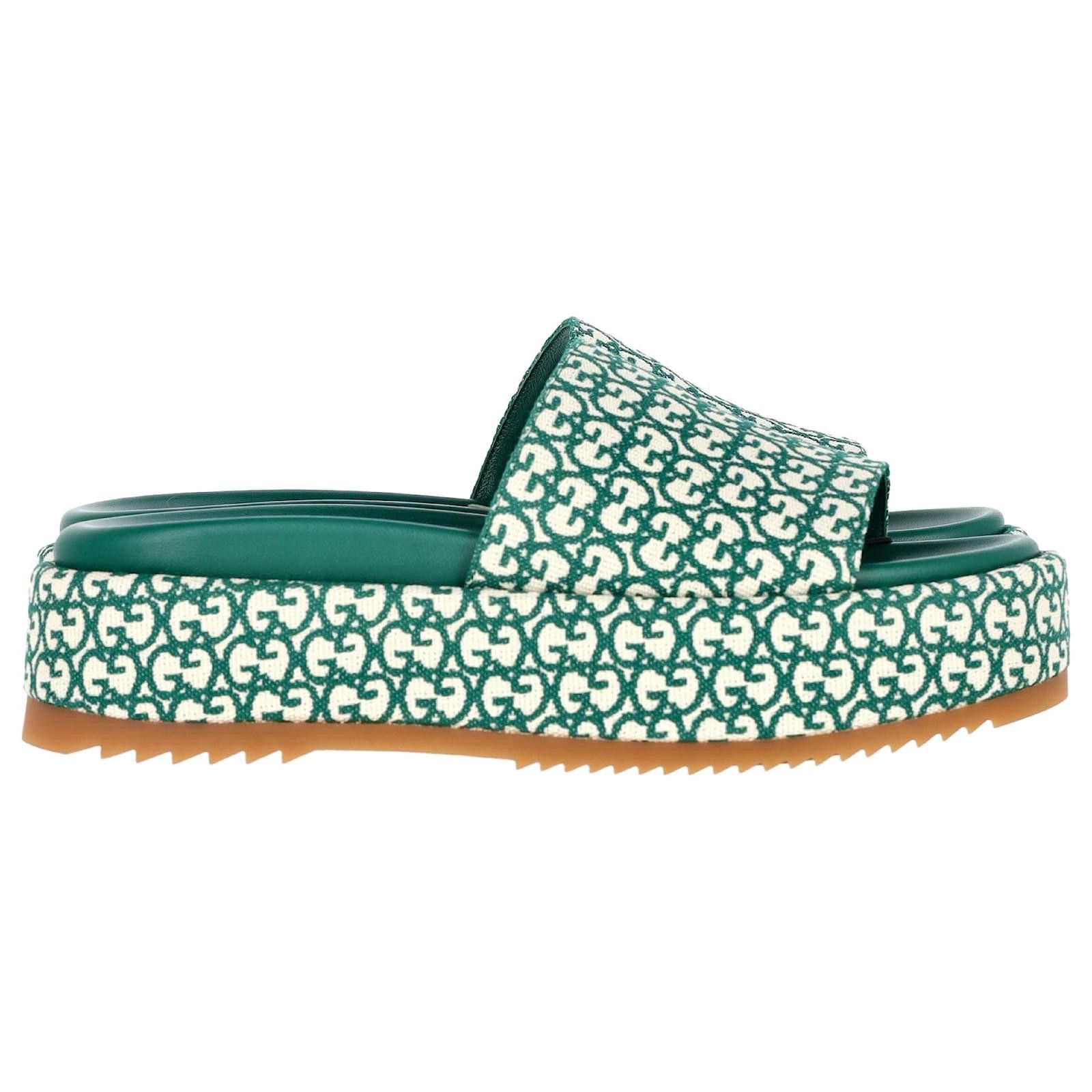 gucci platform slide sandals in green canvas
