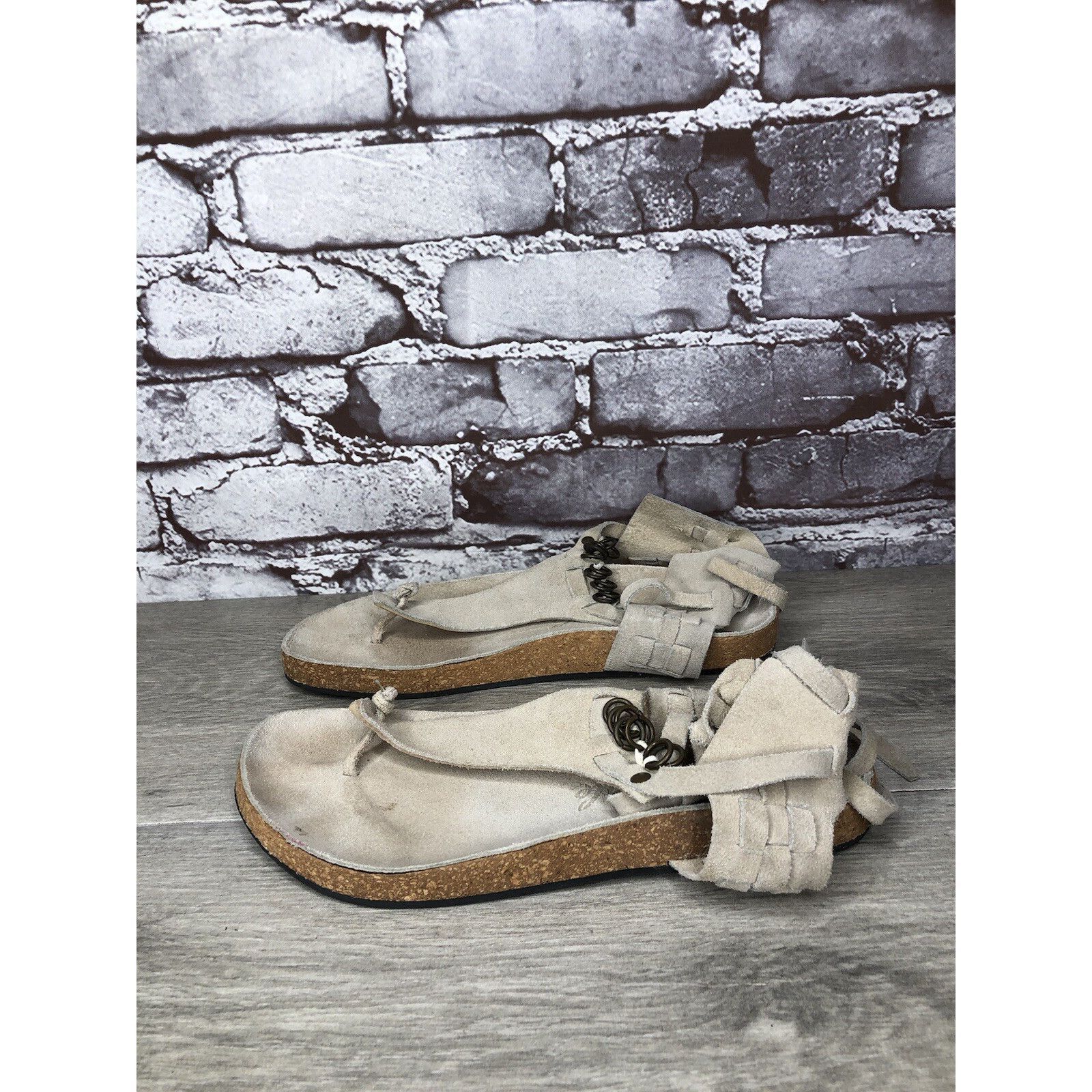 Free People Grey Suede Leather Collins Thong Chain Strappy S Shoes, Women's (Size 6.5)