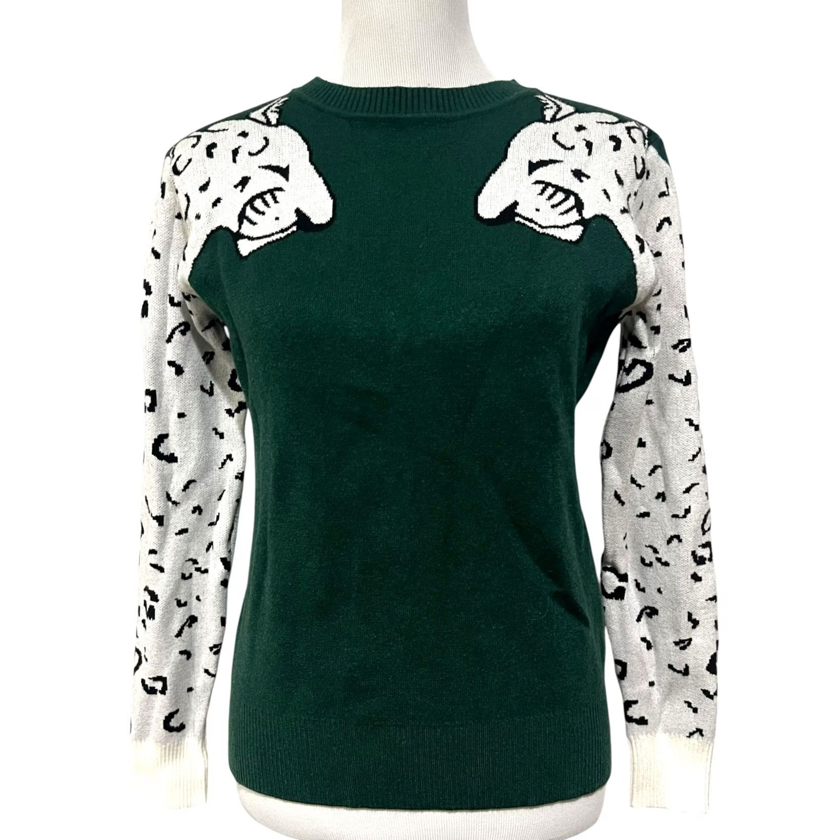 Vintage Women’s Snow Leopard Sleeved Sweater Dark Green Boho Top M Size Medium Crew Neck Long Sleeve Knitted Pullover Bohemian Animals Womens Size M / US 6-8 / IT 42-44 - 2 Thumbnail