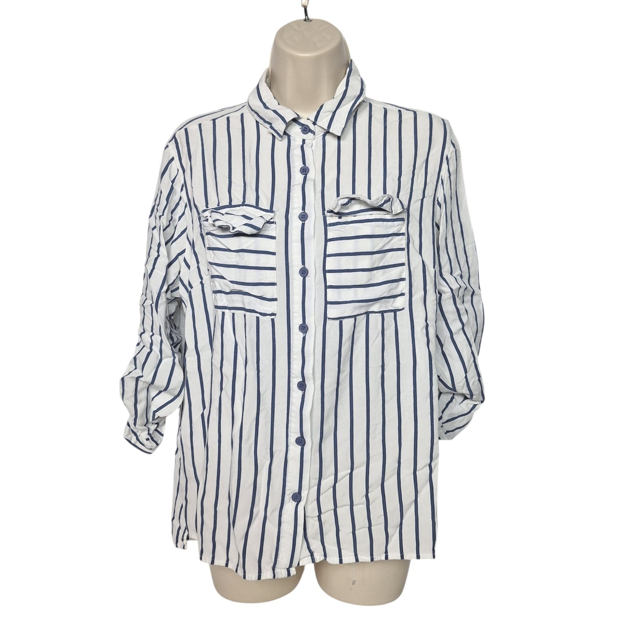 Other Miss Lili Blue White Striped Button Up Shirt Roll Tab Sleeve Size XL / US 12-14 / IT 48-50 - 2 Thumbnail