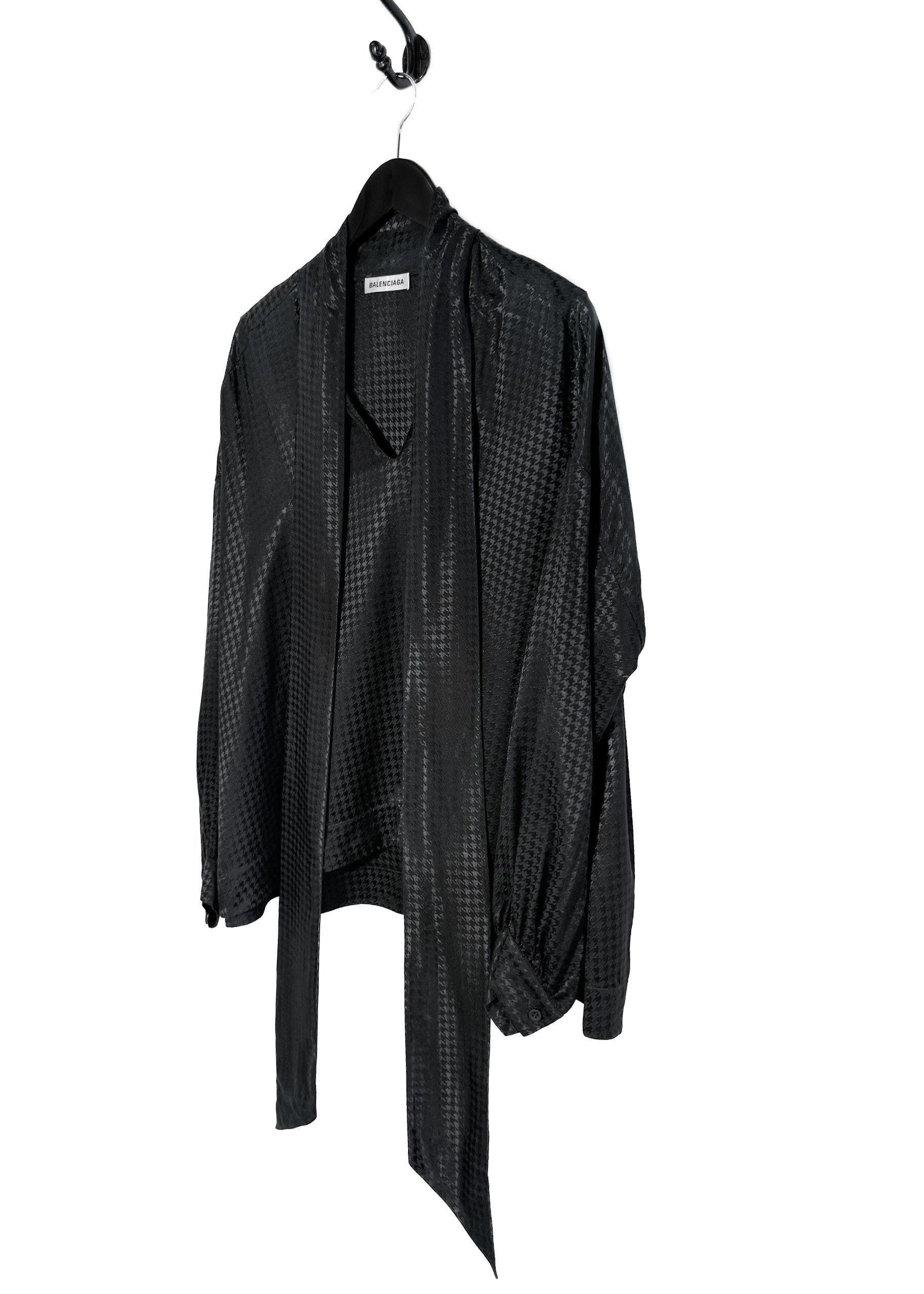 Balenciaga Balenciaga 2020 Black Satin Houndstooth Tie Neck Bow Blouse Size S / US 4 / IT 40 - 2 Thumbnail