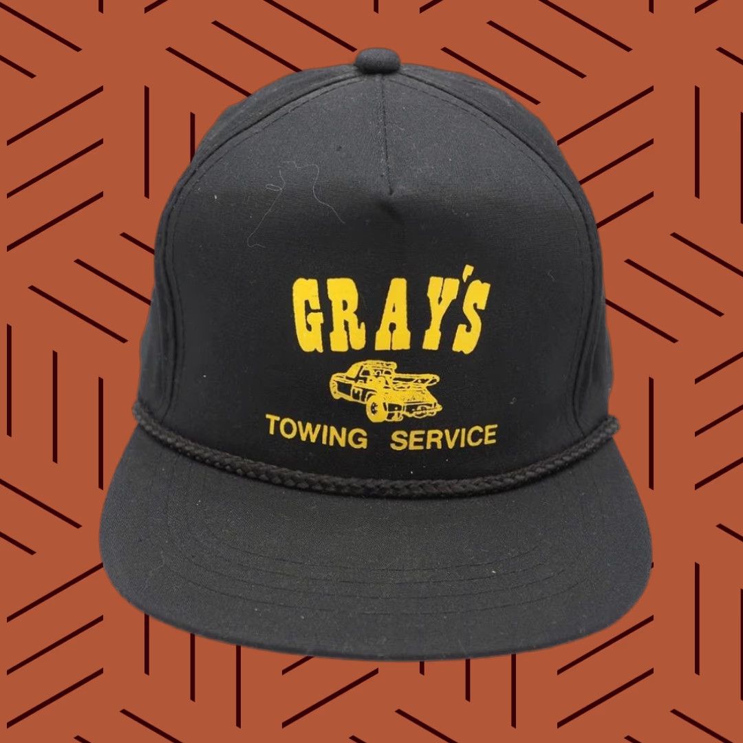 Vintage VINTAGE Snapback Trucker Hat Mens 1980s Gray's Towing Service Black Adjustable Cap Size ONE SIZE - 1 Thumbnail