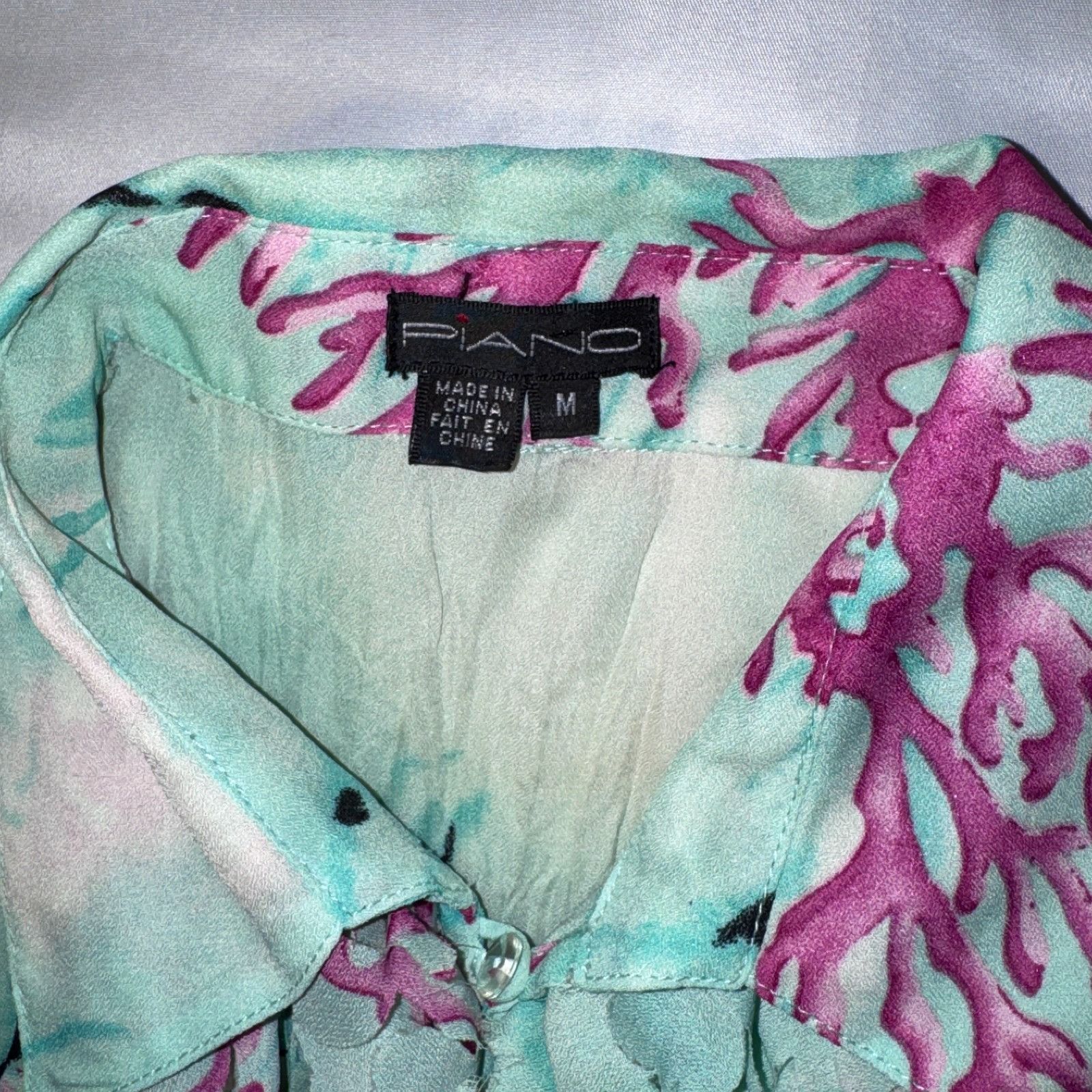 Other Piano Seafoam Green & Pink Floral Ruffle Y2K Sheer Blouse Bu Size M / US 6-8 / IT 42-44 - 2 Thumbnail