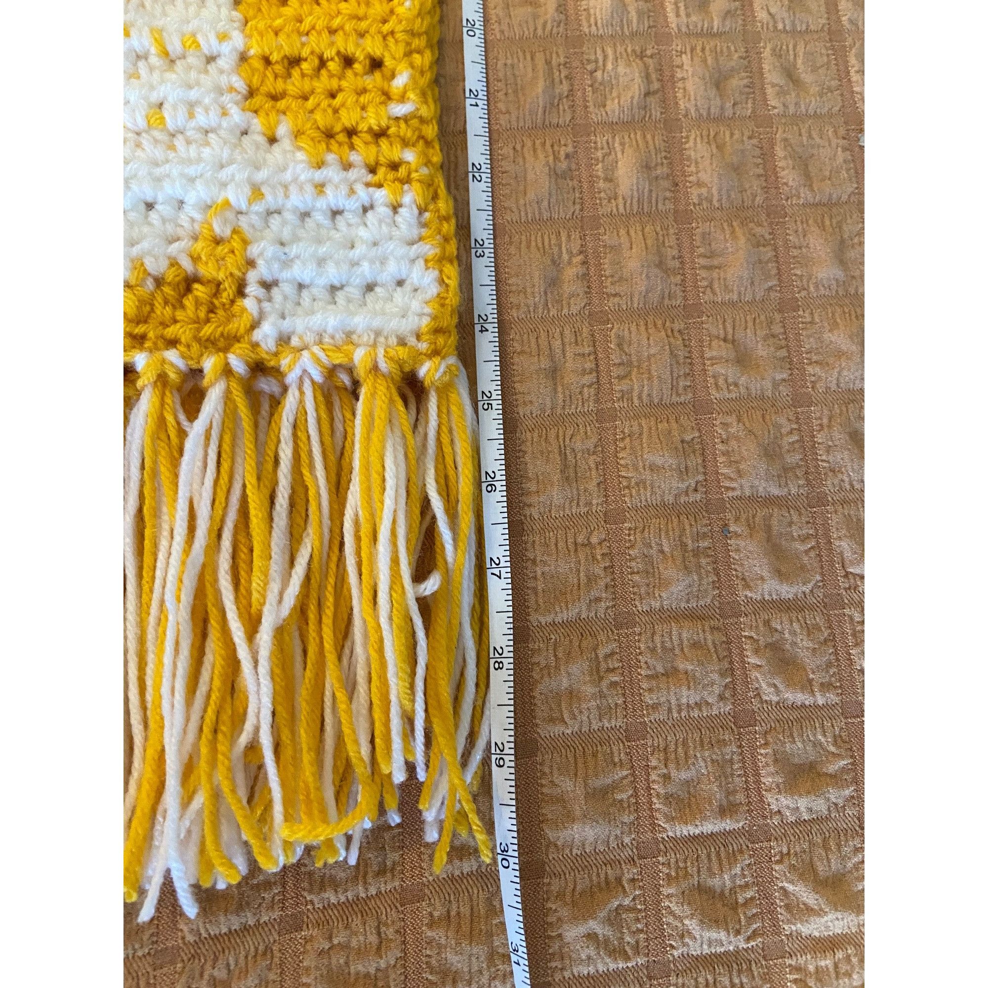 Other Handmade Crochet Winter Scarf Cat Motif Yellow/White W/5” Fr Size ONE SIZE - 5 Thumbnail