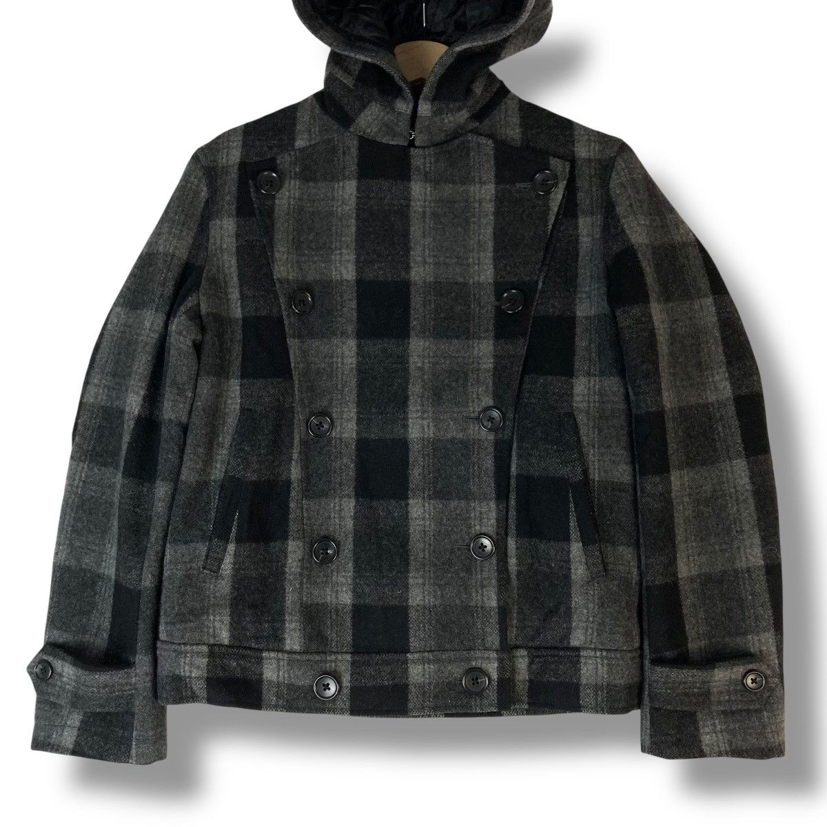 Issey Miyake 🇯🇵 VINTAGE SHIPS JET BLUE PLAID WOOL HOODED JACKET Size US S / EU 44-46 / 1 - 4 Thumbnail