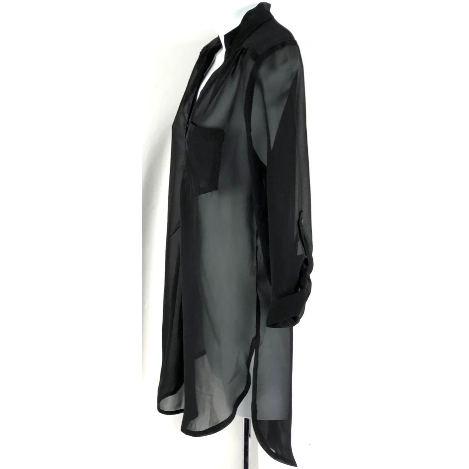 Vintage VINTAGE Flowy Chiffon Top Blk 1/2 Button 3/4 Roll Tab sleeve Hi Lo Fairy Shirt Womens M Black Chiffon Button HiLo Fairy 90s Modern Size M / US 6-8 / IT 42-44 - 2 Thumbnail
