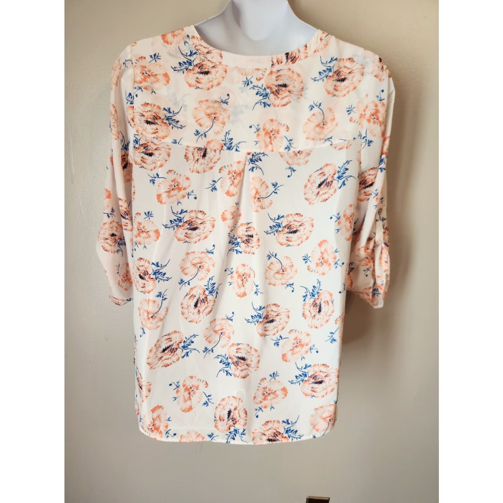Vintage Daniel Rainn White Floral Print Roll Tab Sleeve Lightweight Top 2X Plus Blouse Ladies Size XXL / US 16-18 / IT 52-54 - 6 Thumbnail